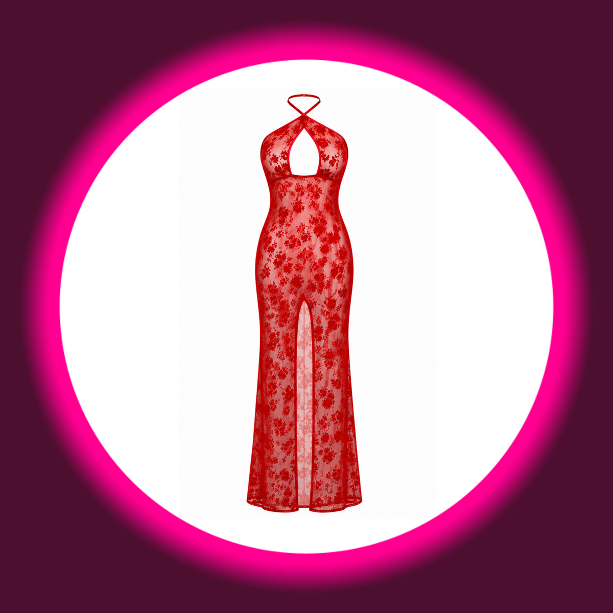 NOIR HANDMADE Maxi Kleid Plaything F418 rot – Frontansicht freistehend, bodenlanges Kleid mit ovalem Keyhole-Ausschnitt, gekreuzten Nackenträgern, hohem vorderen Schlitz und floralem Flockmuster auf transparentem Tüll