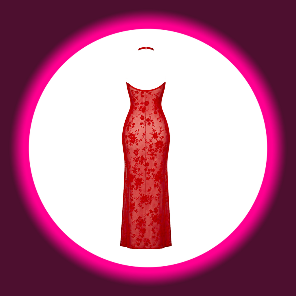 NOIR HANDMADE Maxi Kleid Plaything F418 rot – Rückansicht freistehend, bodenlanges Kleid mit vollständig offenem Rücken, Nackenband und floralem Flockmuster auf transparentem Tüll 