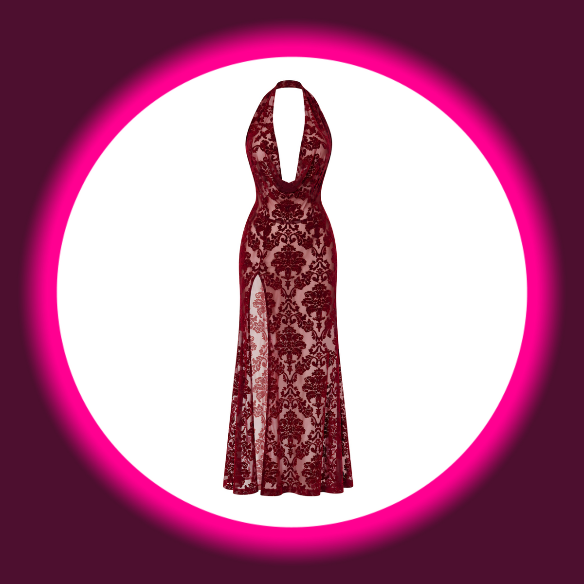 NOIR HANDMADE Maxi Kleid Masquerade F424 weinrot – Frontansicht freistehend, bodenlanger Schnitt mit tiefem Wasserfallausschnitt, hohem Schlitz und ornamentalem Damast-Flockmuster