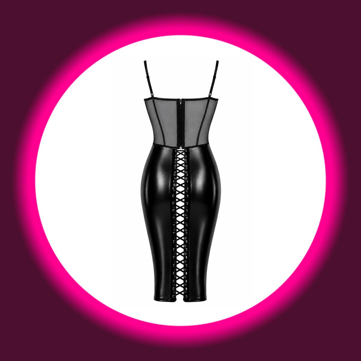 NOIR HANDMADE Midikleid Do Not Disturb F408 schwarz – Rückansicht freistehend, Midi-Bleistiftkleid mit transparentem Tüll-Rücken, Reißverschluss am Oberteil und durchgehender Schnürung mit Metallösen am Powerwetlook-Rock