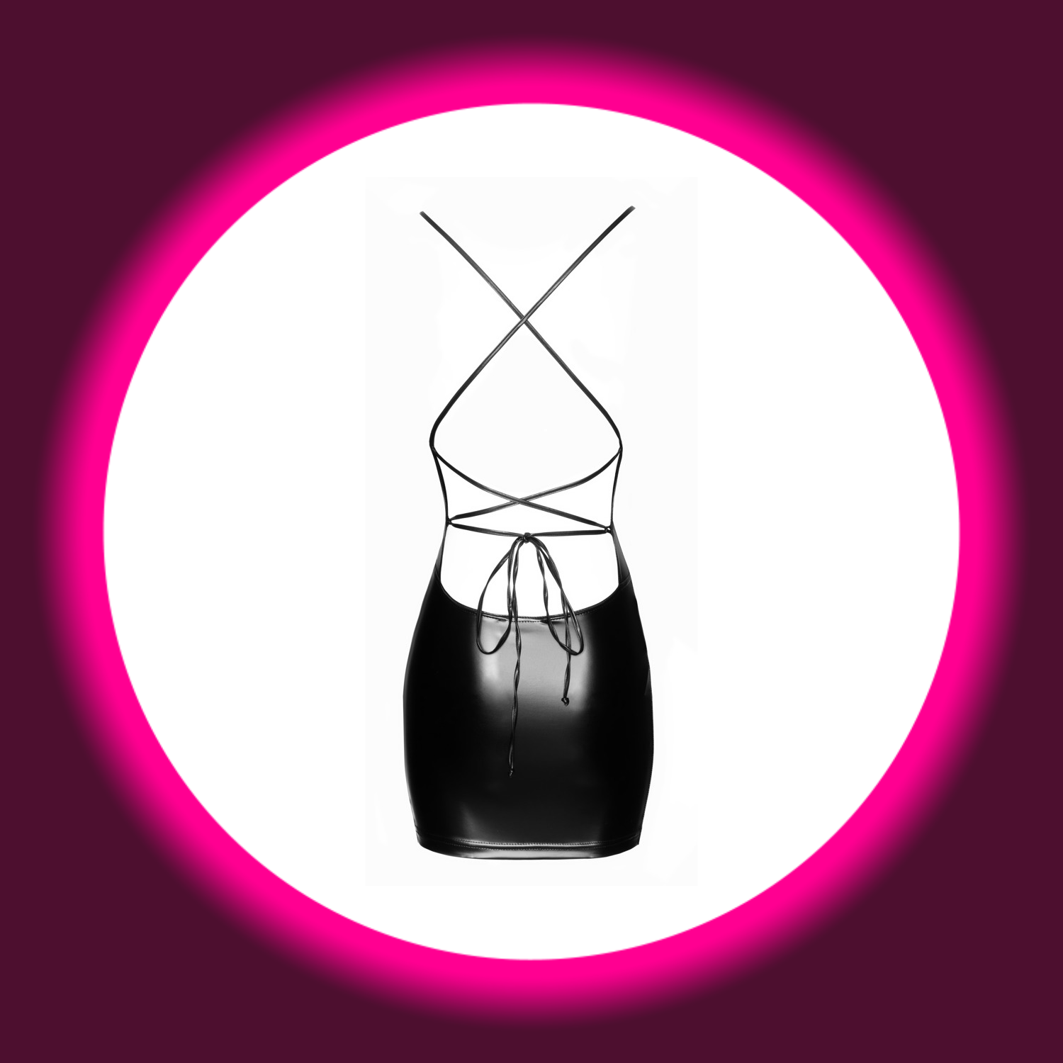 Rückansicht schwarzes glänzendes Minikleid F252 mit Schnürung von Noir Handmade