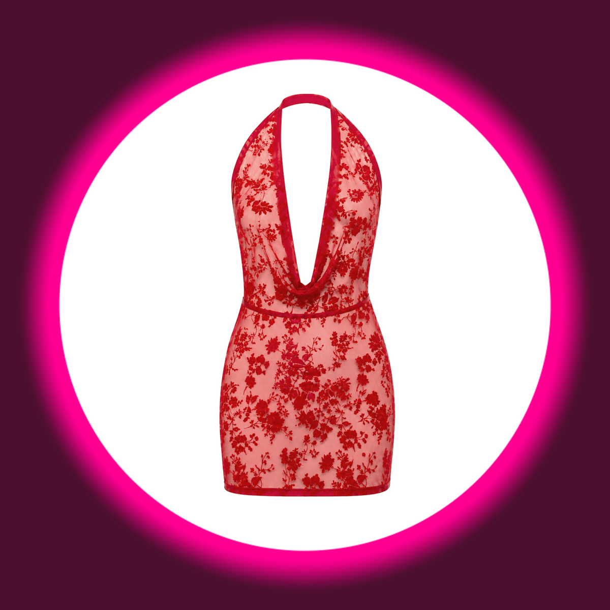 NOIR HANDMADE Minikleid Plaything F419 rot – Frontansicht freistehend, tailliertes Minikleid mit tiefem Wasserfallausschnitt, Nackenverschluss und floralem Flockmuster auf transparentem Tüll