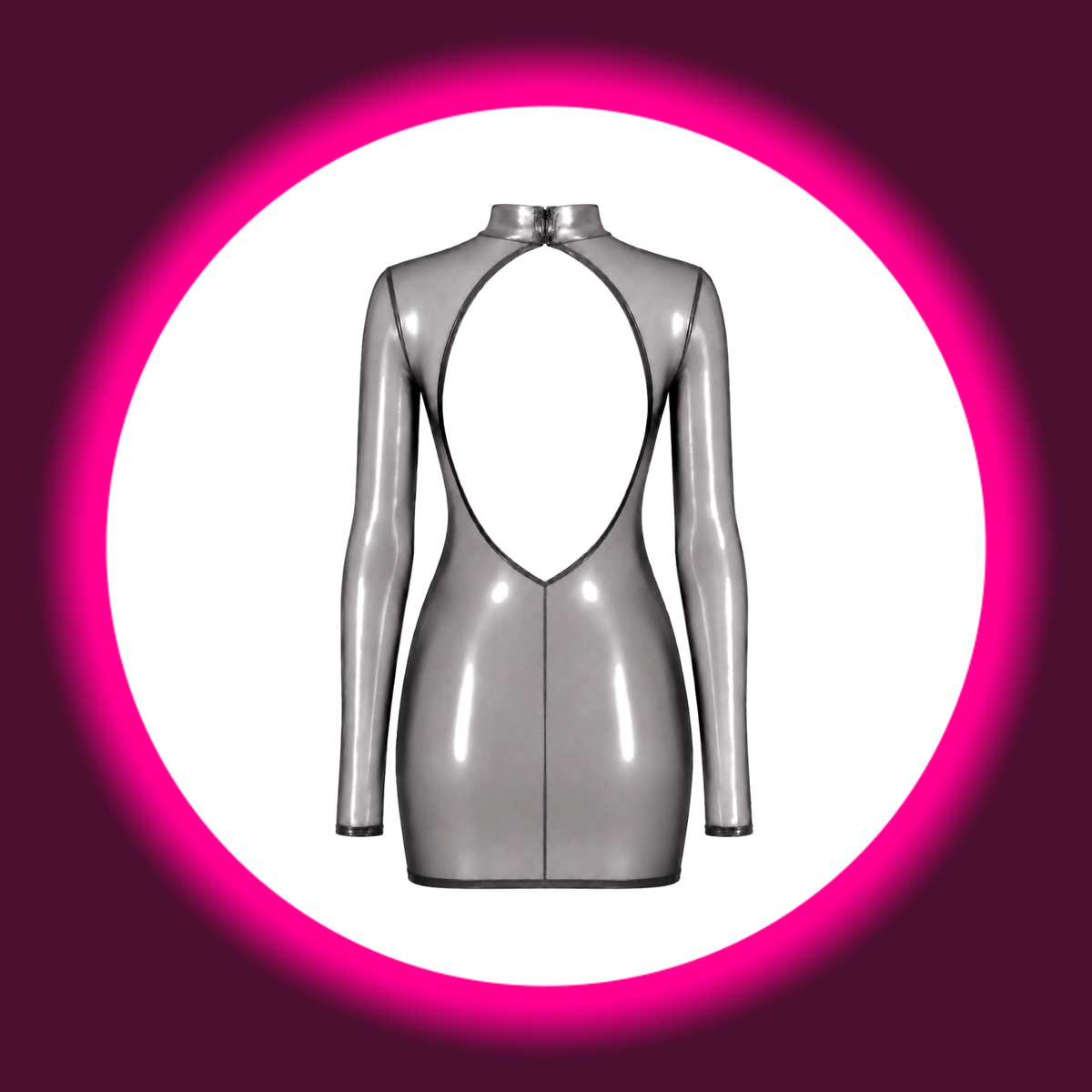 NOIR HANDMADE Minikleid Moondust F431 silber-grau – Rückansicht freistehend, großer ovaler Rückenausschnitt mit V-Naht im Latex-Look-Tüll 