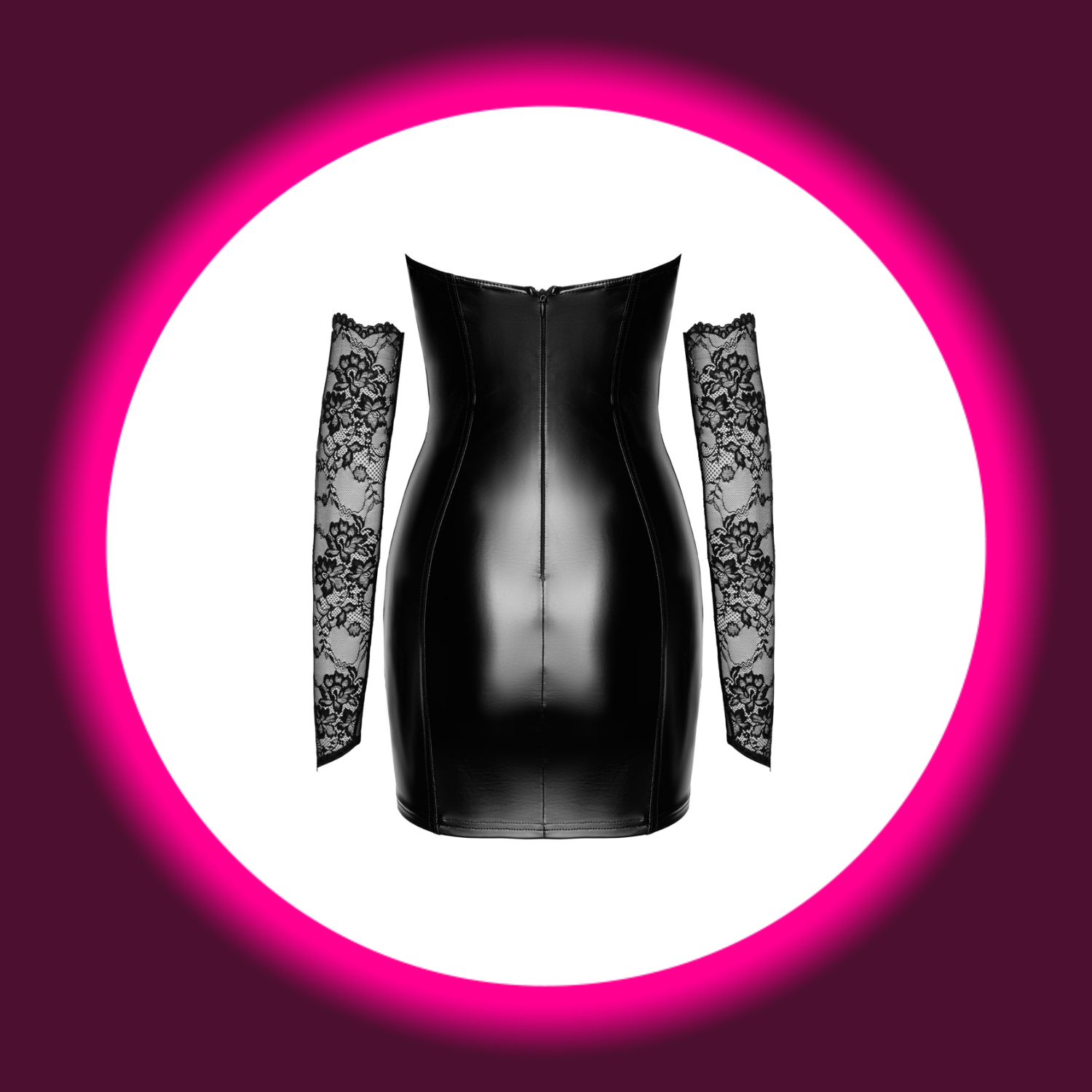 Rückansicht schwarzes Minikleid mit Spitzenoberteil und Spitzenhandschuhen von Noir Handmade, Harmonia F340