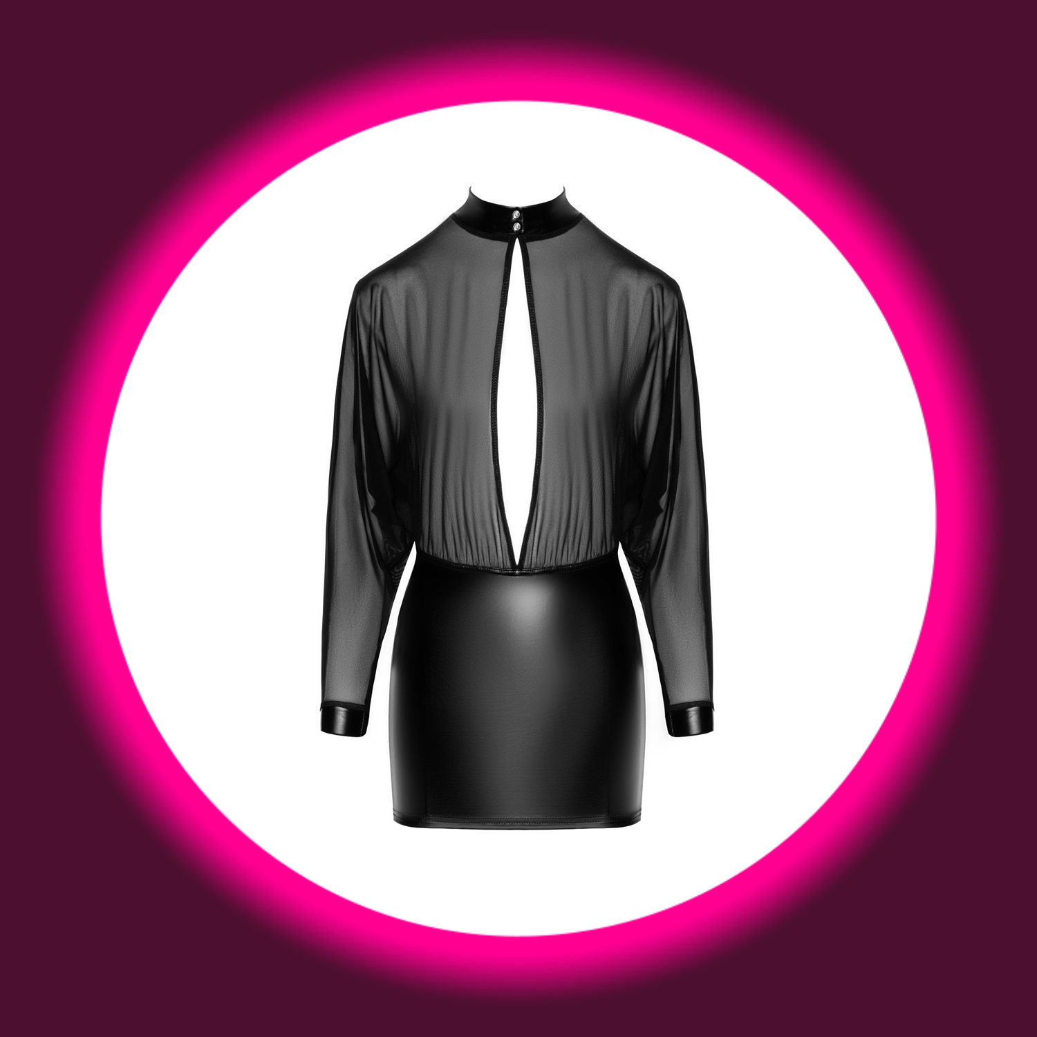 Frontansicht schwarzes Minikleid Opium F348 mit transparentem Oberteil von Noir Handmade