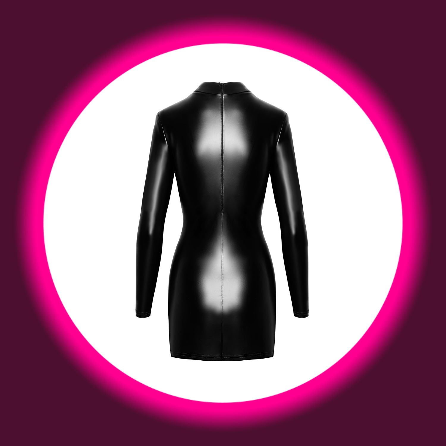 Rückansicht schwarzes langärmeliges glänzendes Minikleid Orgia mit Reißverschluss von Noir Handmade