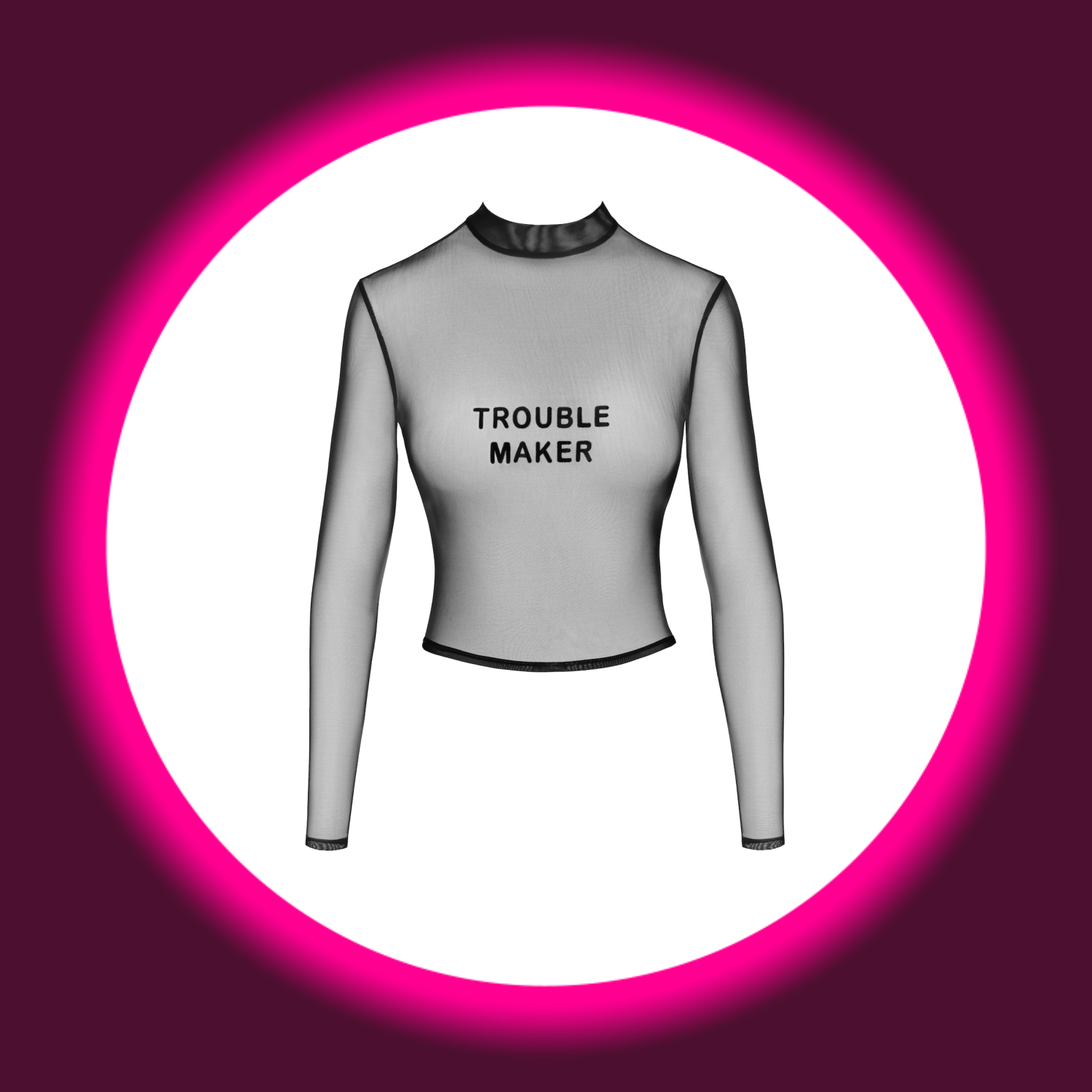 Frontansicht Noir Handmade Troublemaker F389 Oberteil in Schwarz – aus transparentem Tüll und mit beflocktem Print