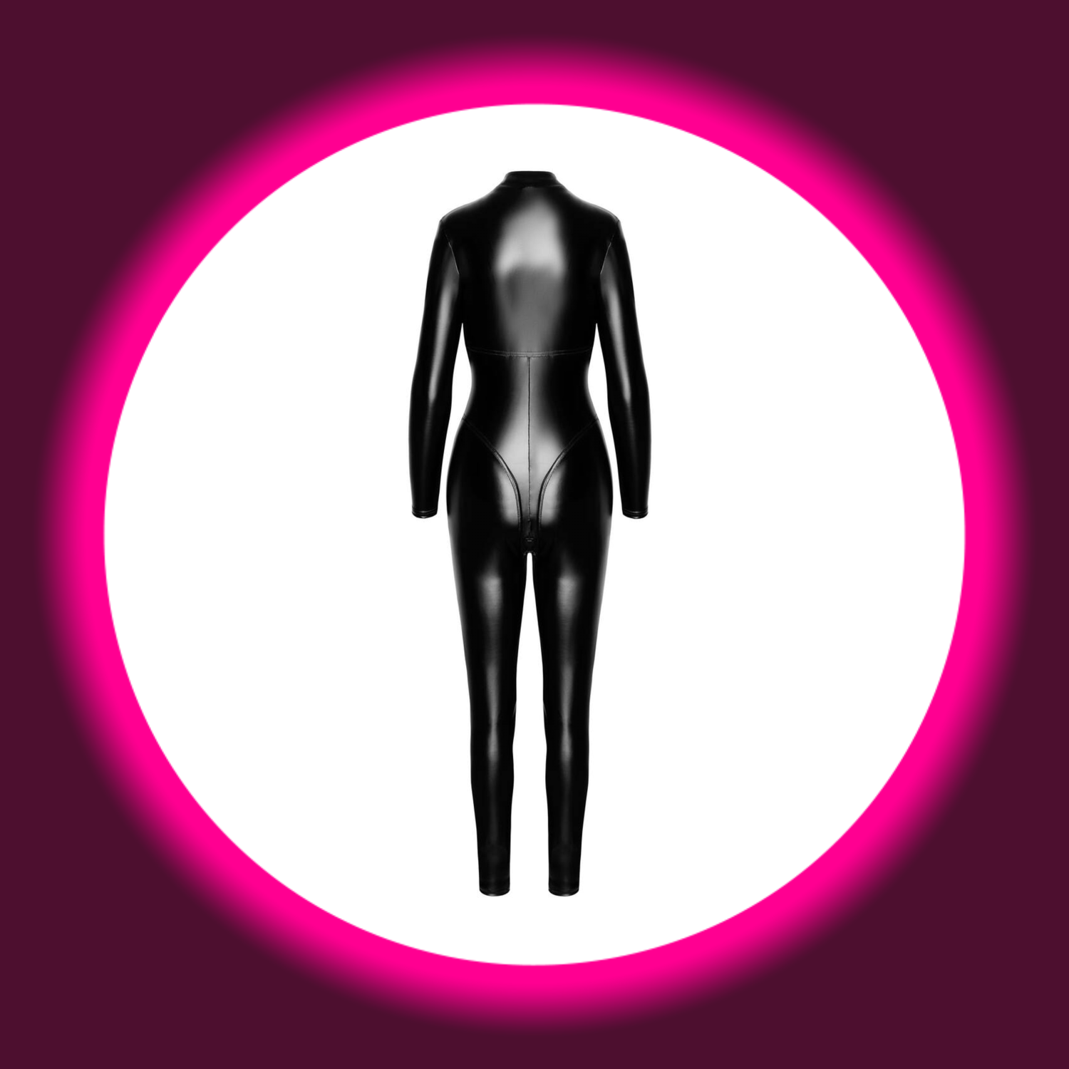 Rückansicht schwarzer glänzender langer Overall Chimera f331 mit durchgehendem Reißverschluss, von Noir Handmade