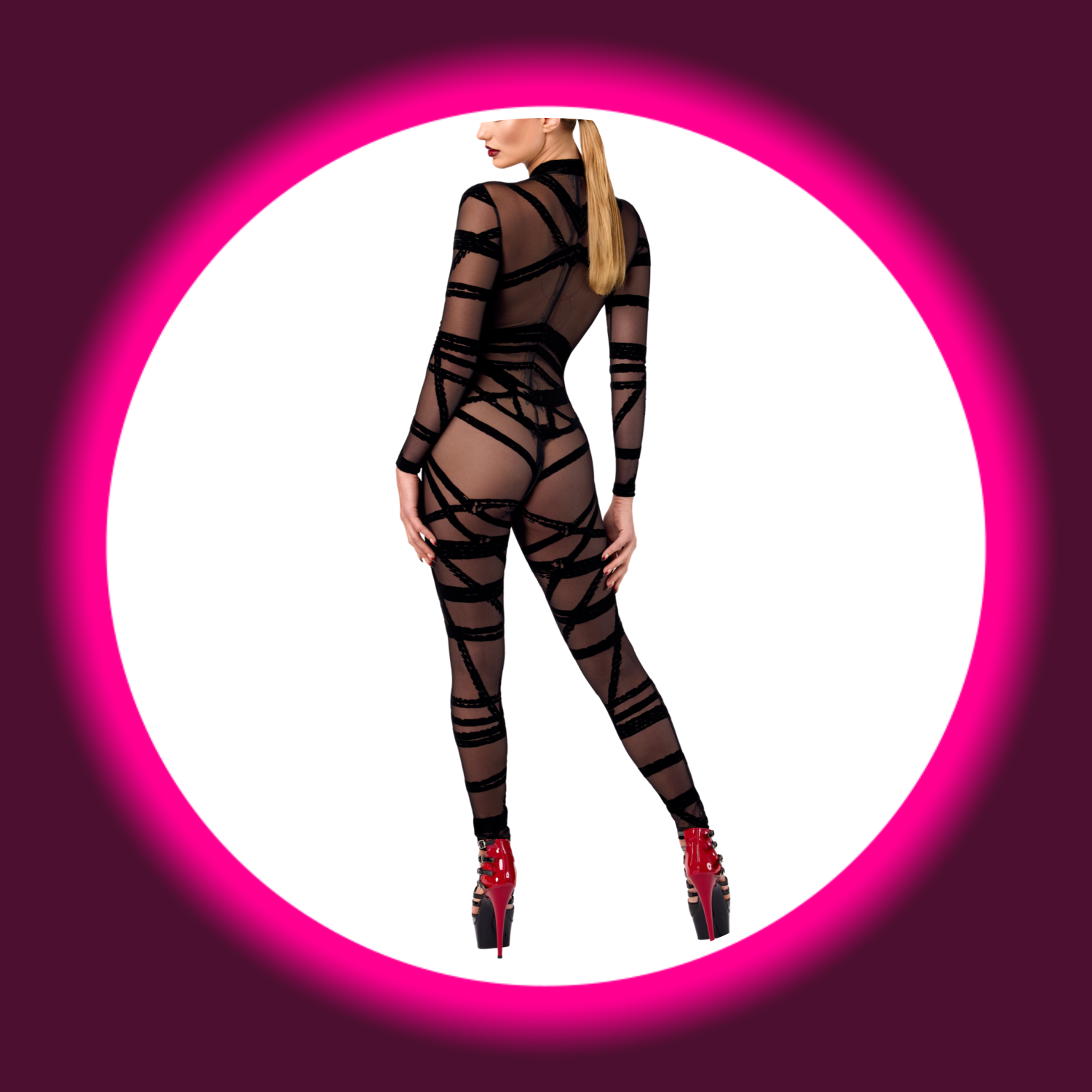 Rückansicht schwarzer Tüll Overall F357 von Noir Handmade mit Samtflock in Shibari-Optik