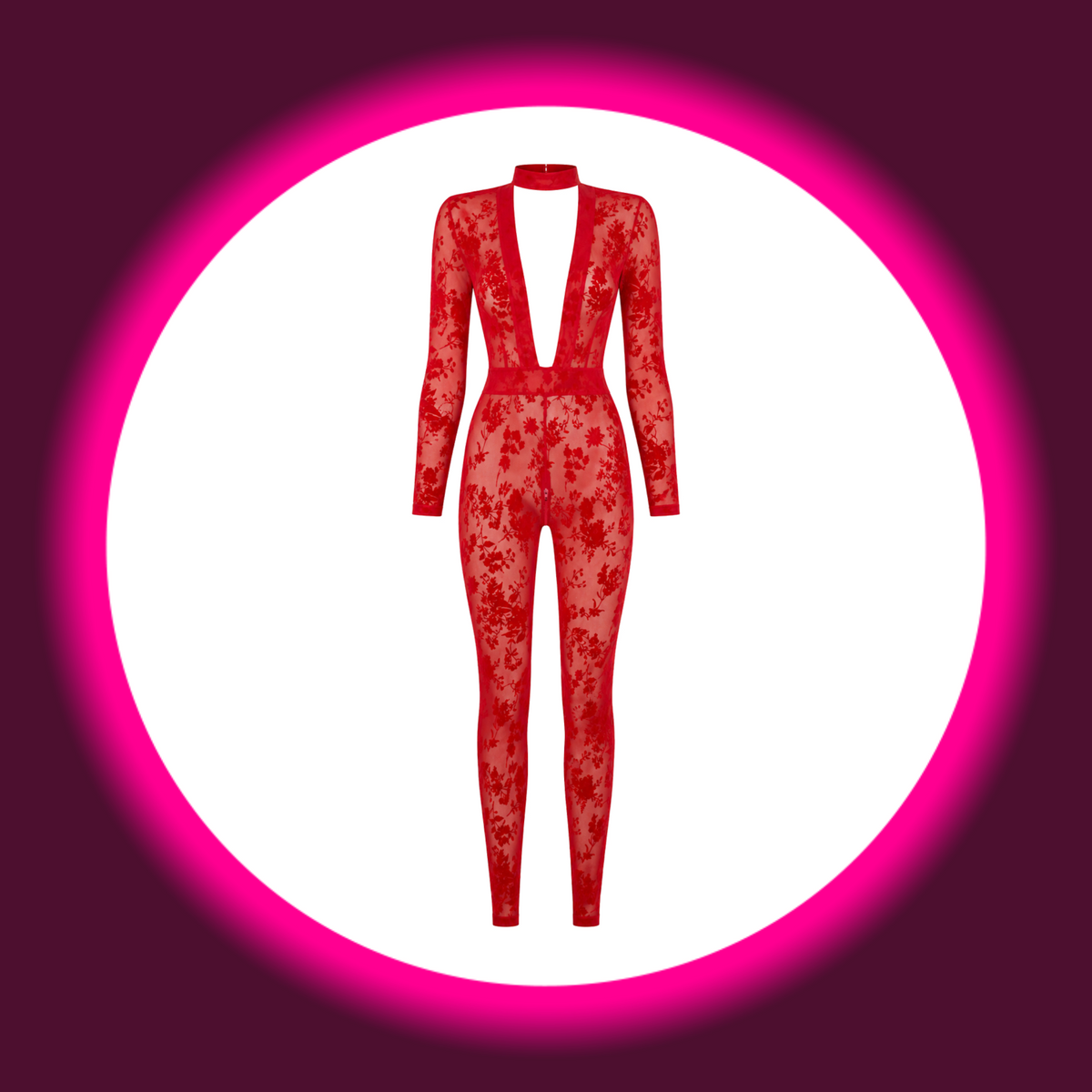 NOIR HANDMADE Overall Lovebite F414 rot – Frontansicht freistehend, bodenlanger Overall mit tiefem V-Ausschnitt, Stehkragen mit Hakenverschluss und langen Ärmeln, florales Flockmuster auf transparentem Tüll