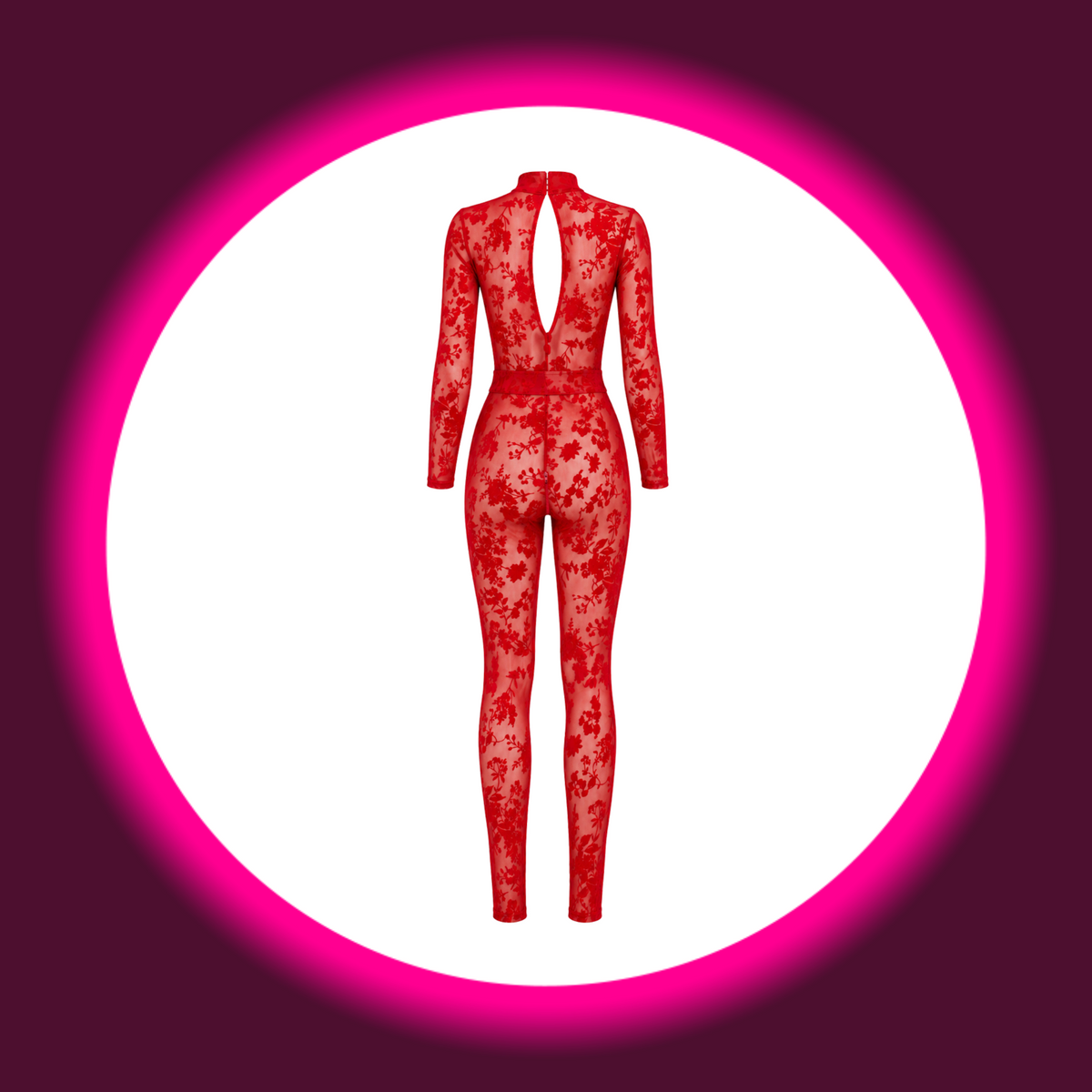 NOIR HANDMADE Overall Lovebite F414 rot – Rückansicht freistehend, bodenlanger Overall mit Stehkragen, Schlitz am Rücken und langen Ärmeln, florales Flockmuster auf transparentem Tüll