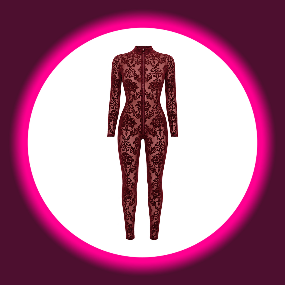 NOIR HANDMADE Overall Masquerade F421 weinrot – Frontansicht freistehend, figurbetonter Ganzkörper-Overall mit Stehkragen, Drei-Wege-Reißverschluss und ornamentalem Damast-Flockmuster auf transparentem Tüll