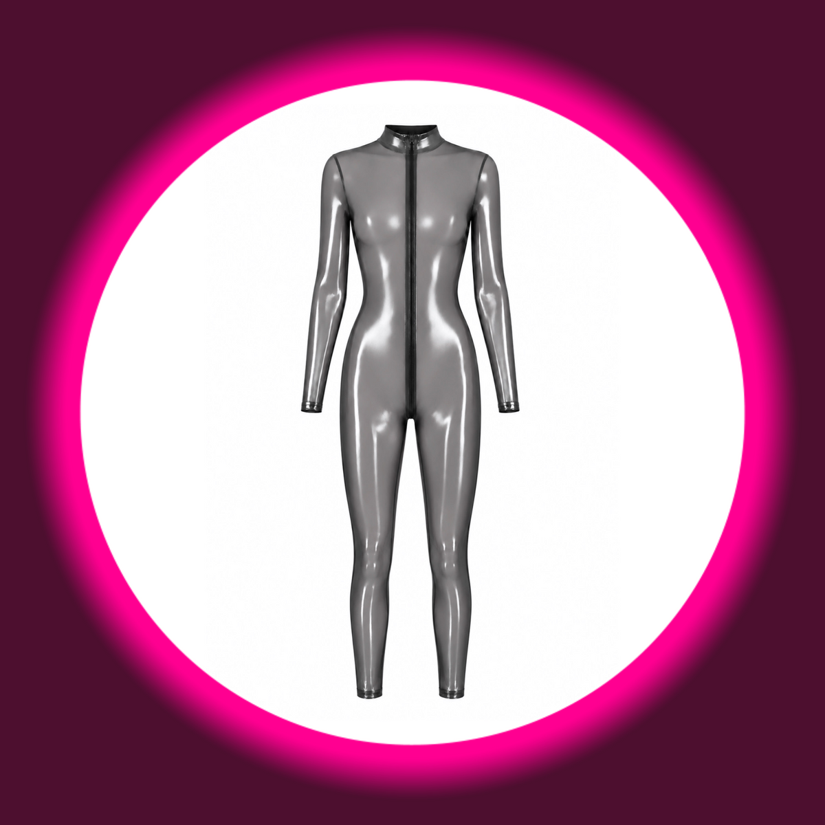 NOIR HANDMADE Overall Moondust F429 silber – Frontansicht freistehend, geschlossener Reißverschluss, Stehkragen und lange Ärmel im silber-transparenten Latex-Look-Tüll