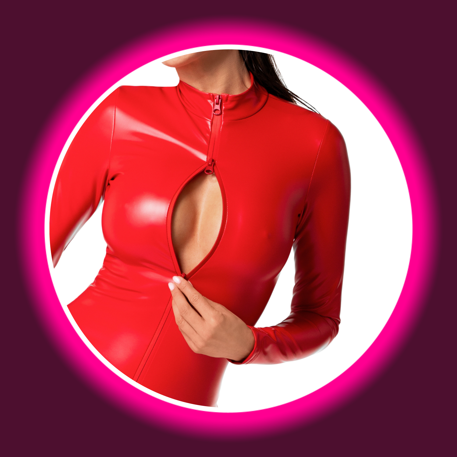 Detailansicht Noir Handmade roter Wetlook Overall F353 leicht geöffneter Reißverschluss