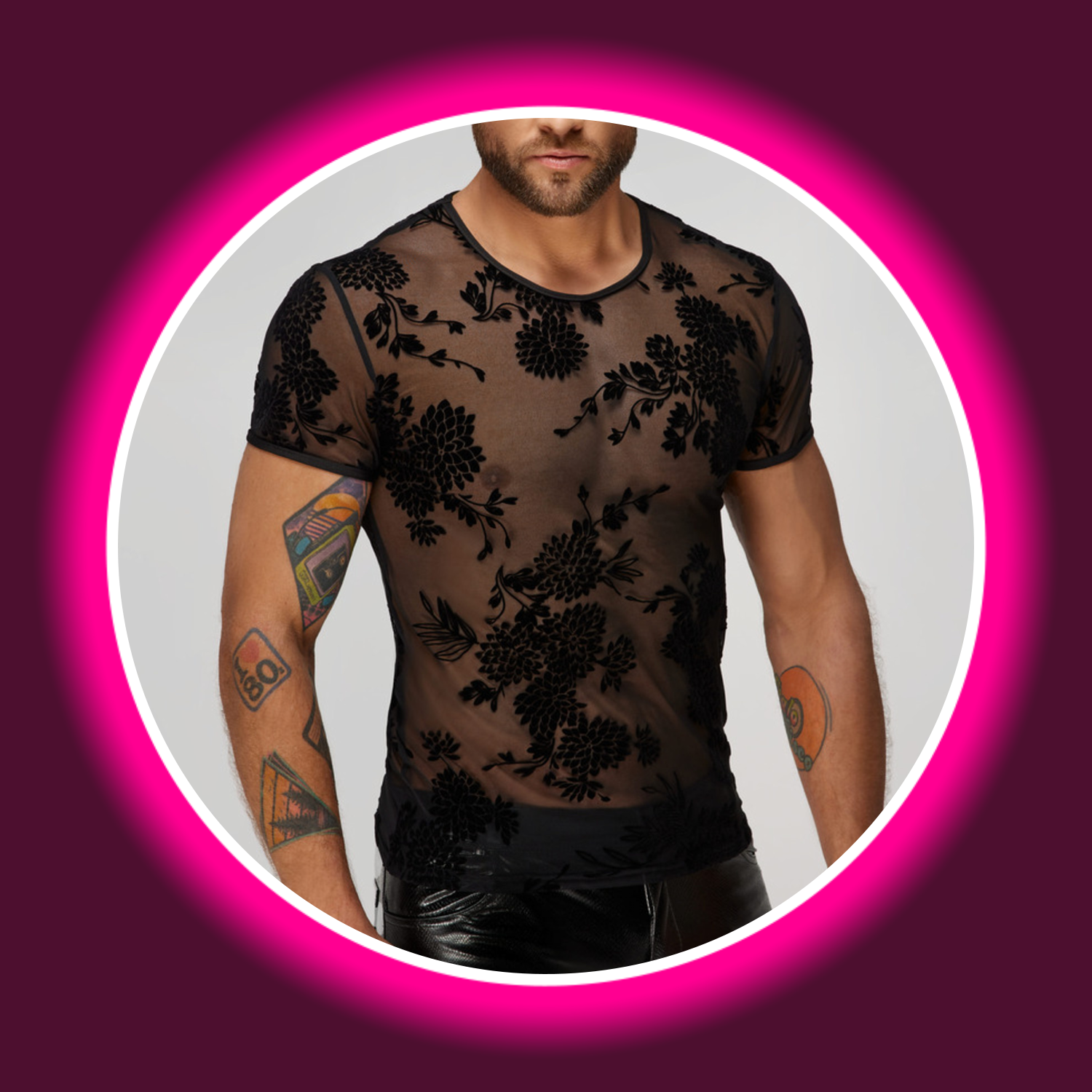 Frontansicht semitransparentes schwarzes Shirt H073 mit Blumenmuster von Noir Handmade