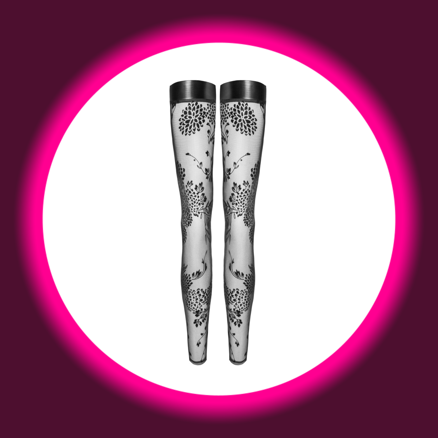 Frontansicht schwarze semitransparente Stockings F243 mit Blumenmuster von Noir Handmade