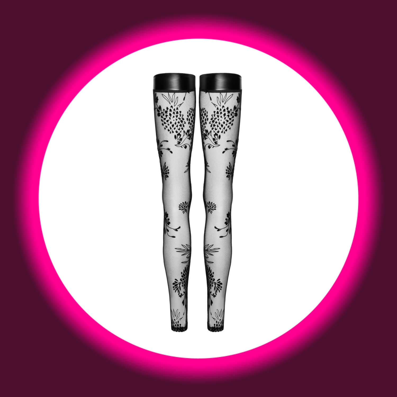 Rückansicht schwarze semitransparente Stockings F243 mit Blumenmuster von Noir Handmade