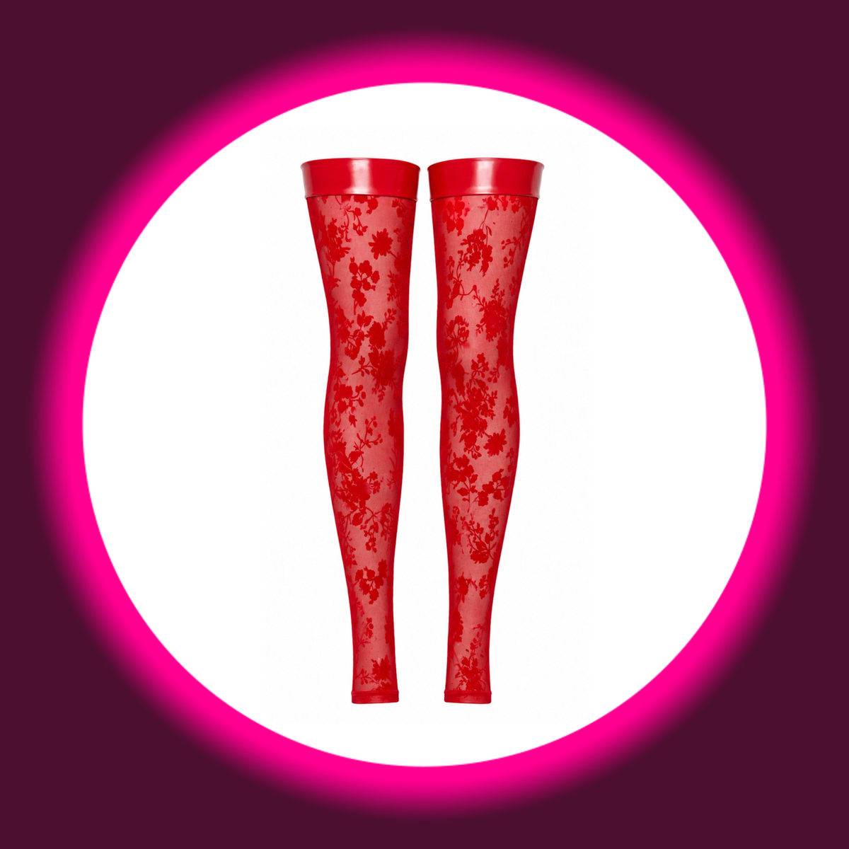 NOIR HANDMADE Stockings Plaything F417 rot – Frontansicht freistehend, fußfreie Oberschenkelstrümpfe mit floralem Flockmuster auf transparentem Tüll und breiten Powerwetlook-Bändern