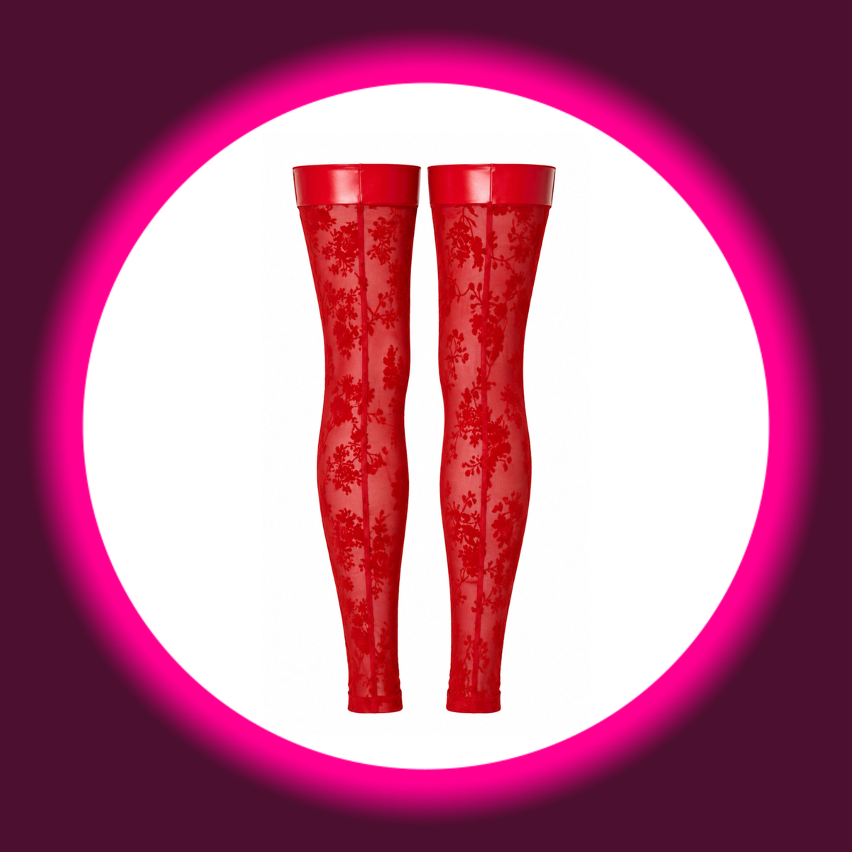 NOIR HANDMADE Stockings Plaything F417 rot – Rückansicht freistehend, fußfreie Oberschenkelstrümpfe mit floralem Flockmuster auf transparentem Tüll und breiten Powerwetlook-Bändern, fußfreies Design endet an den Knöcheln 