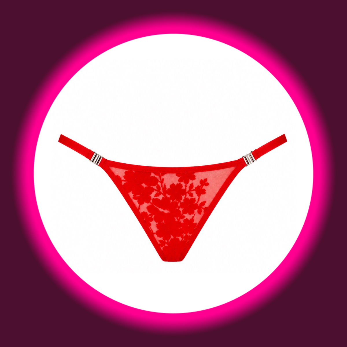 NOIR HANDMADE String Plaything F420 rot – Frontansicht freistehend, minimalistischer String mit floralem Flockmuster auf transparentem Tüll und silberfarbenen Metallverschlüssen