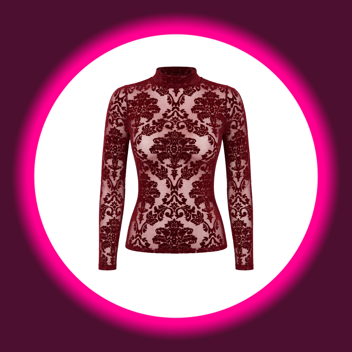 NOIR HANDMADE Top Masquerade F425 weinrot – Frontansicht freistehend, taillierter Langarmschnitt mit ornamentalem Damast-Flockmuster und Stehkragen