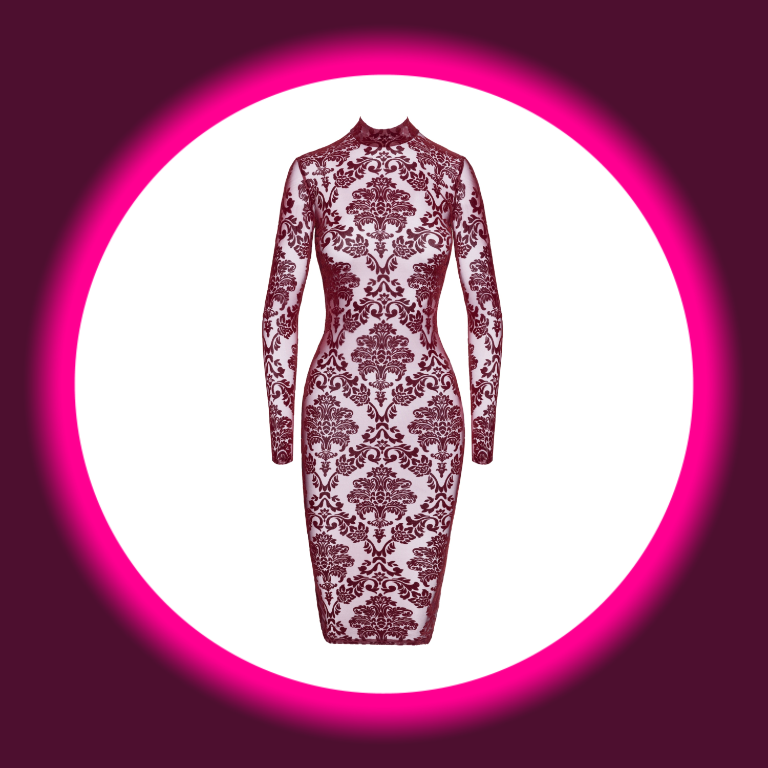 Frontansicht weinrotes Kink Royal Midikleid Cascade mit Blumenmuster und langen Ärmeln, Noir Handmade F384