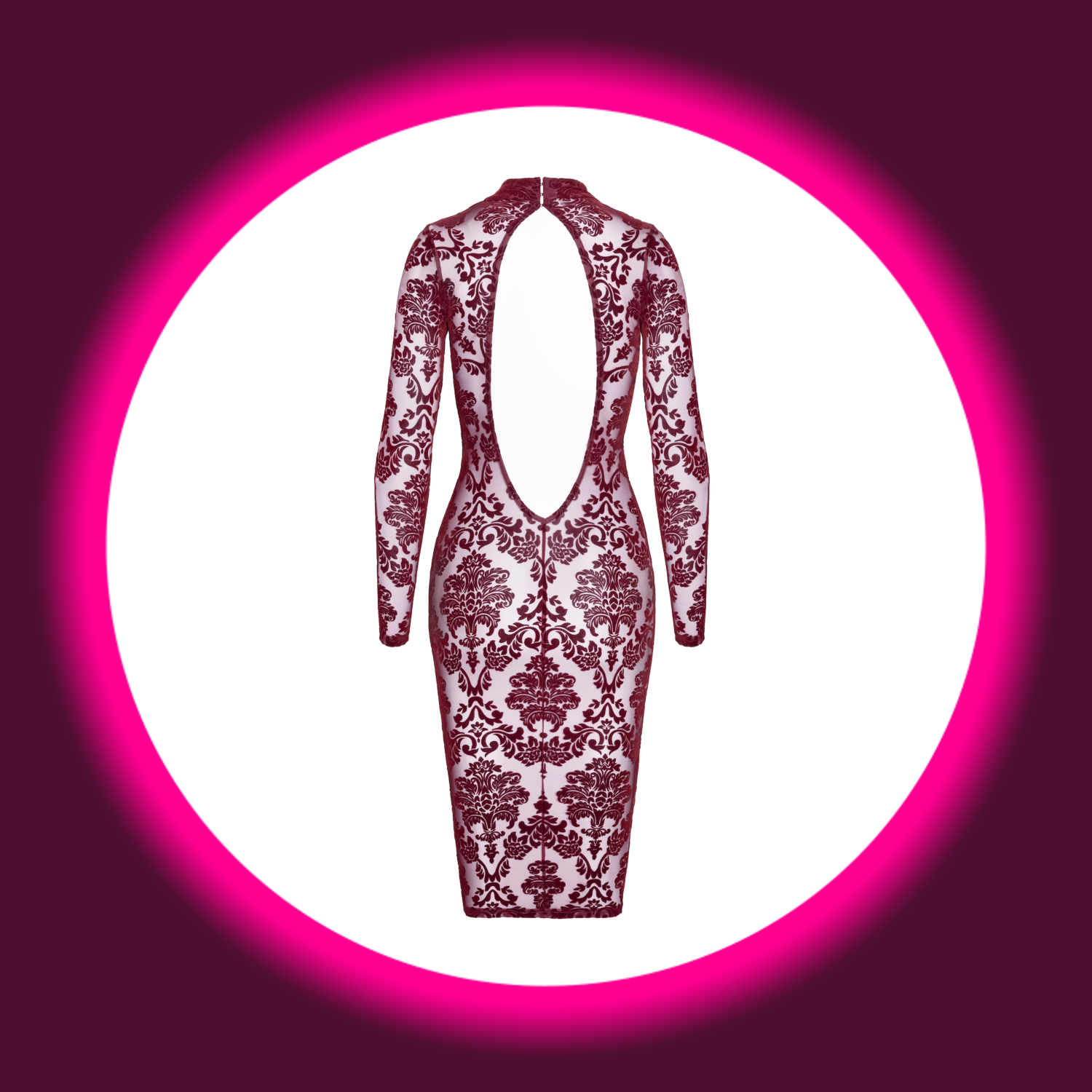 Rückansicht weinrotes Kink Royal Midikleid Cascade mit Blumenmuster und langen Ärmeln, Noir Handmade F384