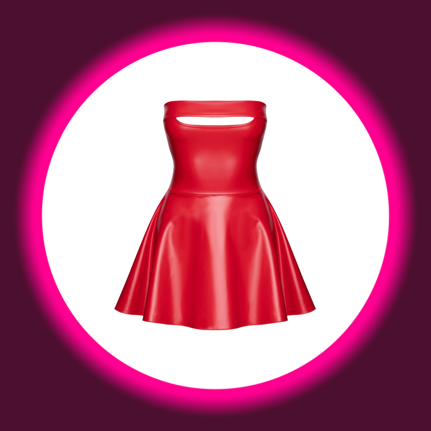 Frontansicht rotes glänzendes Kleid von Noir Handmade mit ausgestelltem Rock und Cut-Out