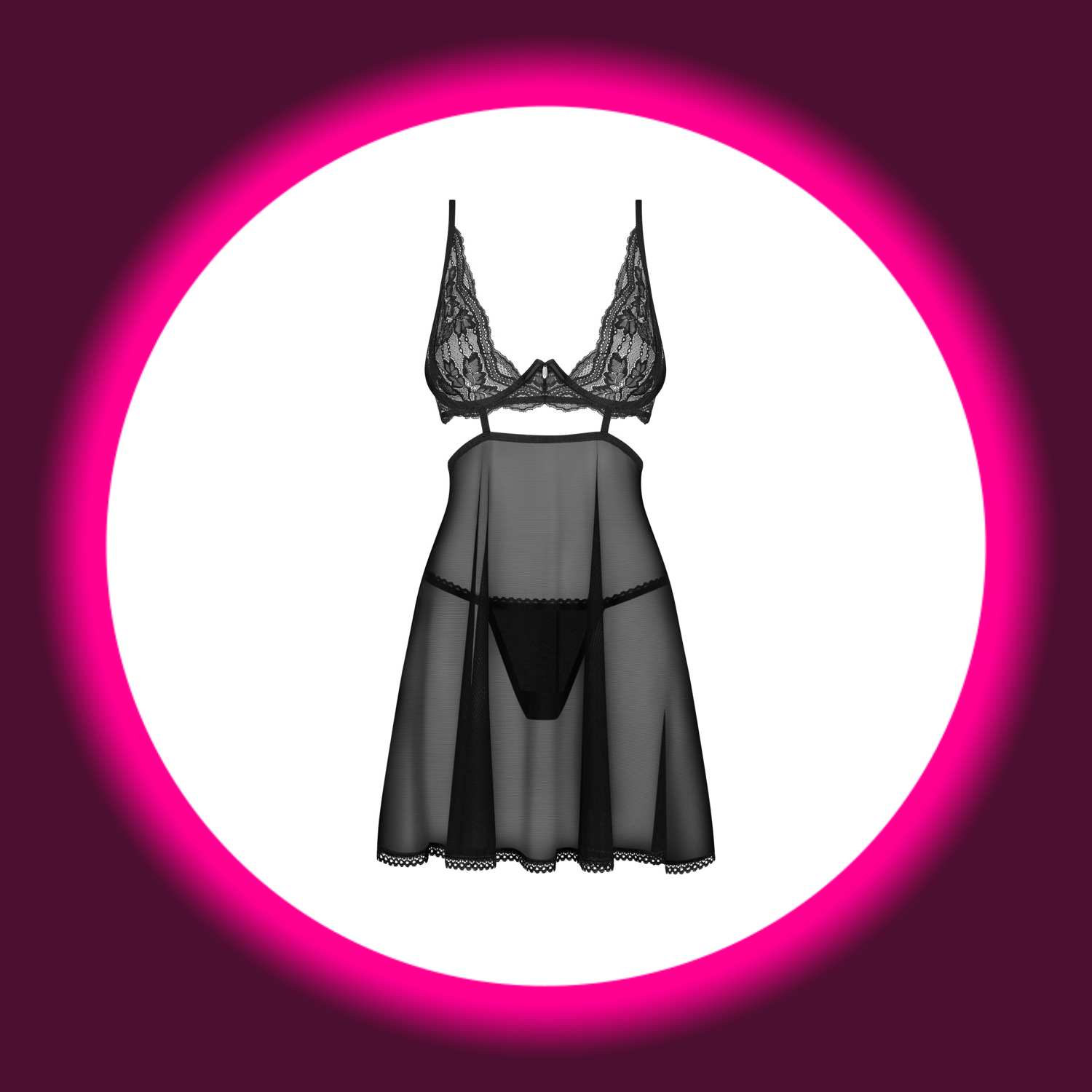 Frontansicht schwarzes Babydoll aus Spitze und Tüll, von Obsessive