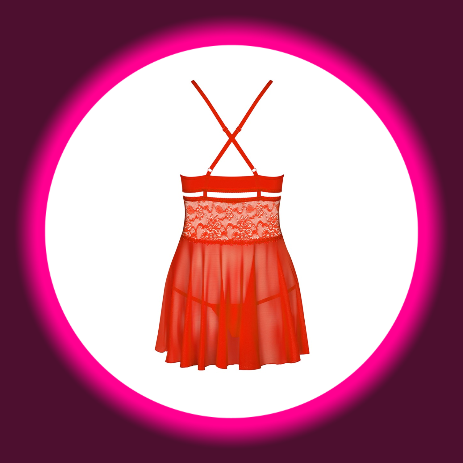 Rückansicht rotes Babydoll aus Spitze und Tüll, von Obsessive