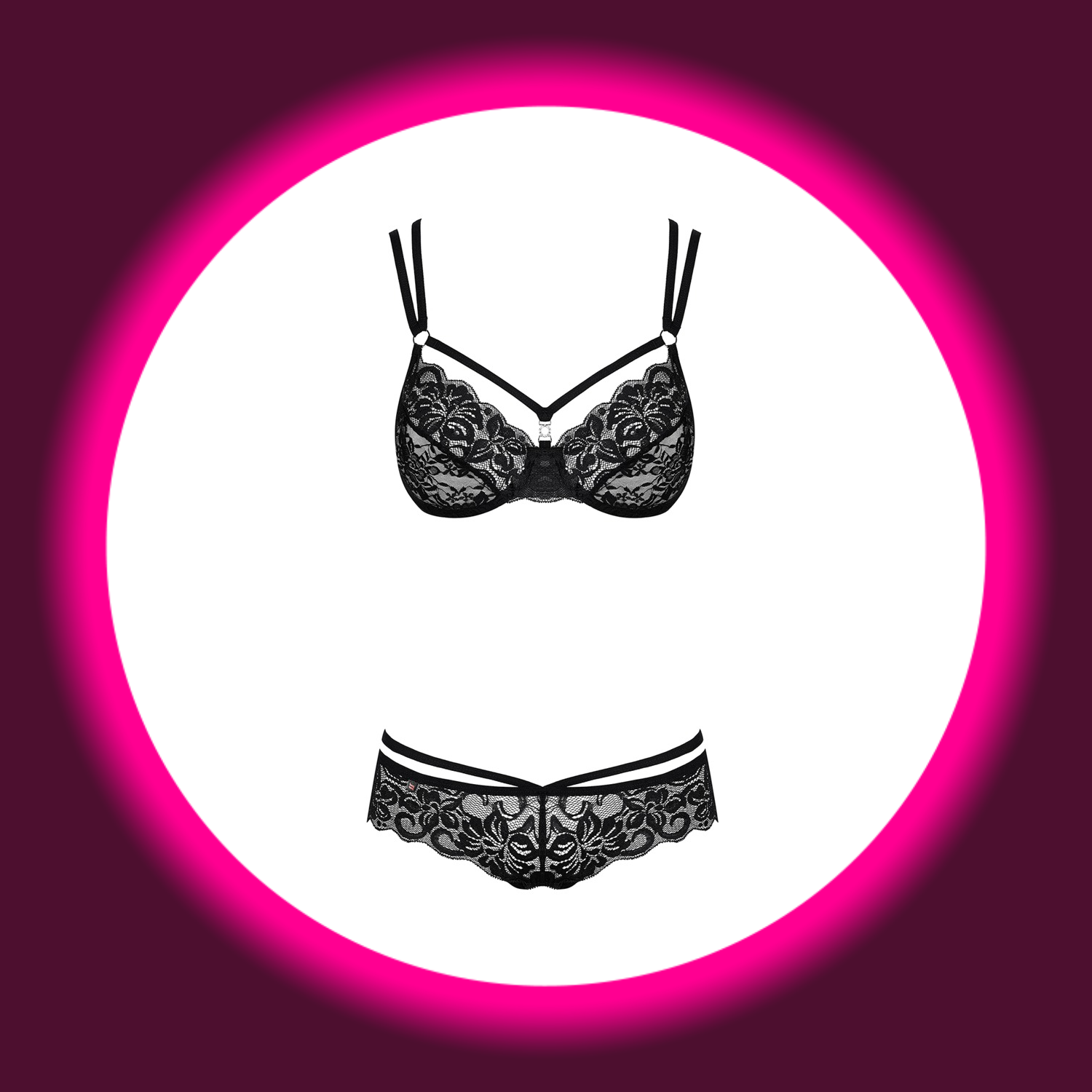 Frontansicht schwarzes Set aus BH und String, aus Spitze