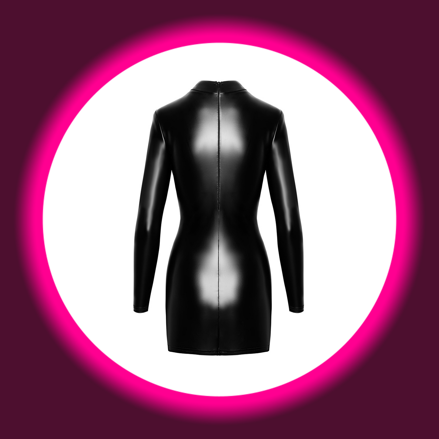 Rückansicht schwarzes langärmeliges glänzendes Minikleid mit Reißverschluss von Noir Handmade