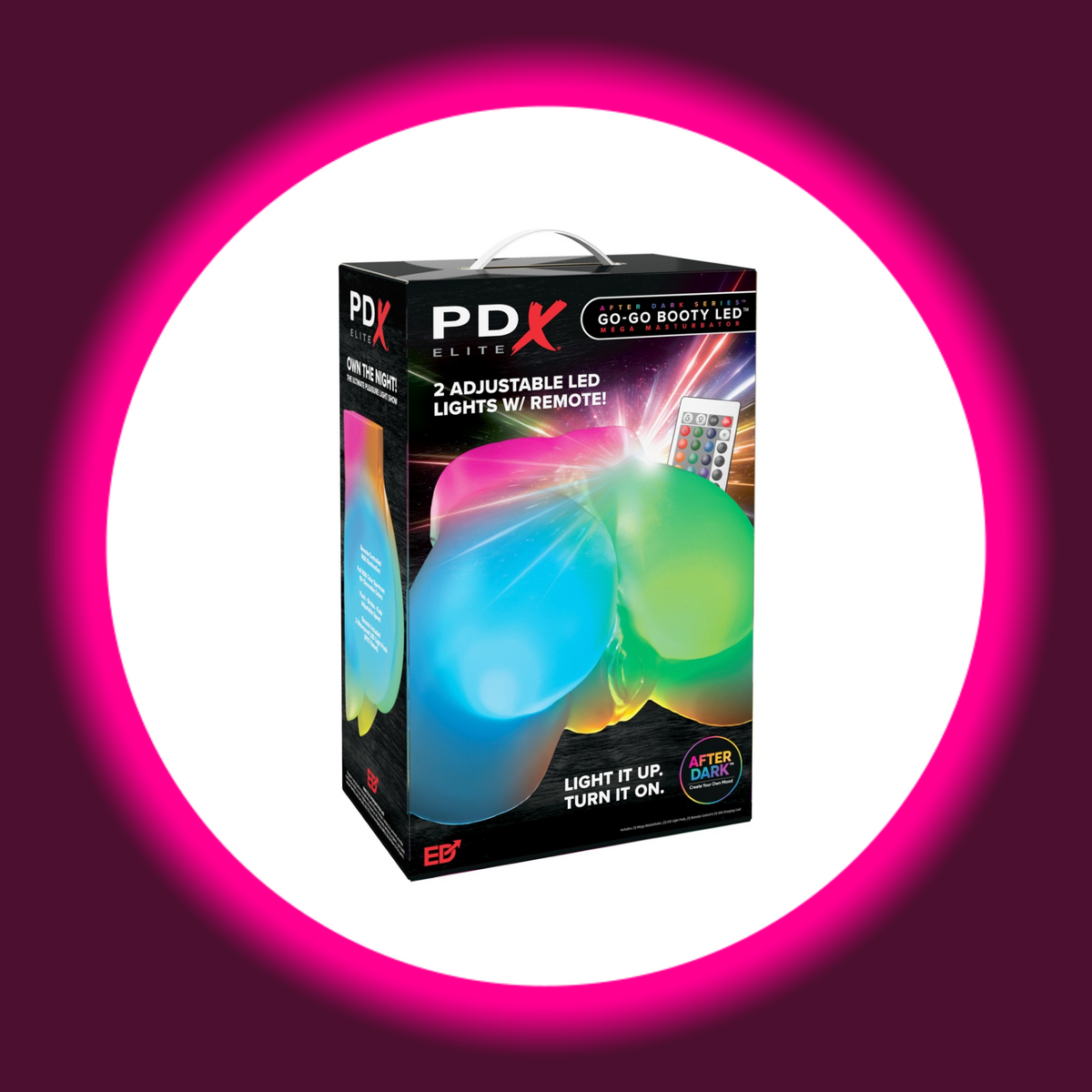 Verpackung des PDX Elite Go-Go Booty LED mit Abbildung des beleuchteten Torso-Masturbators und der Fernbedienung