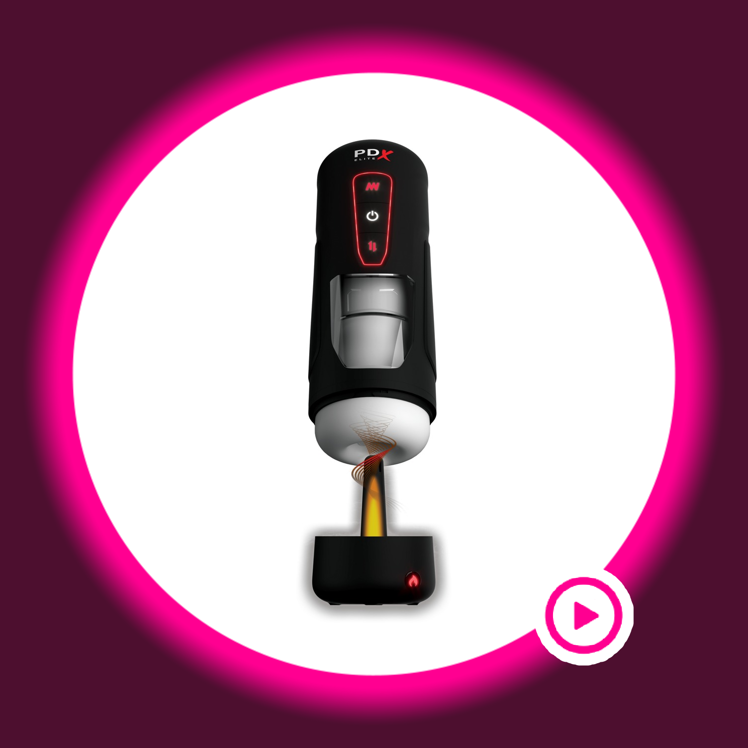 schwarzer Masturbator PDX Elite Milk me Hotter mit geöffneter Verschlusskappe und Wärmestab