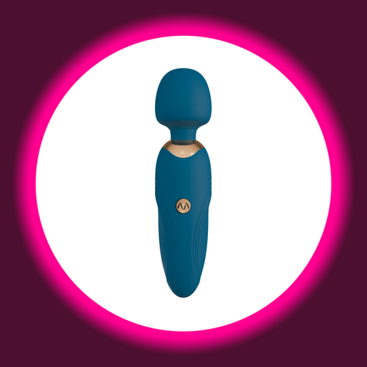 Frontansicht auf einen kleinen blauen Massagestab bzw. Wand Vibrator