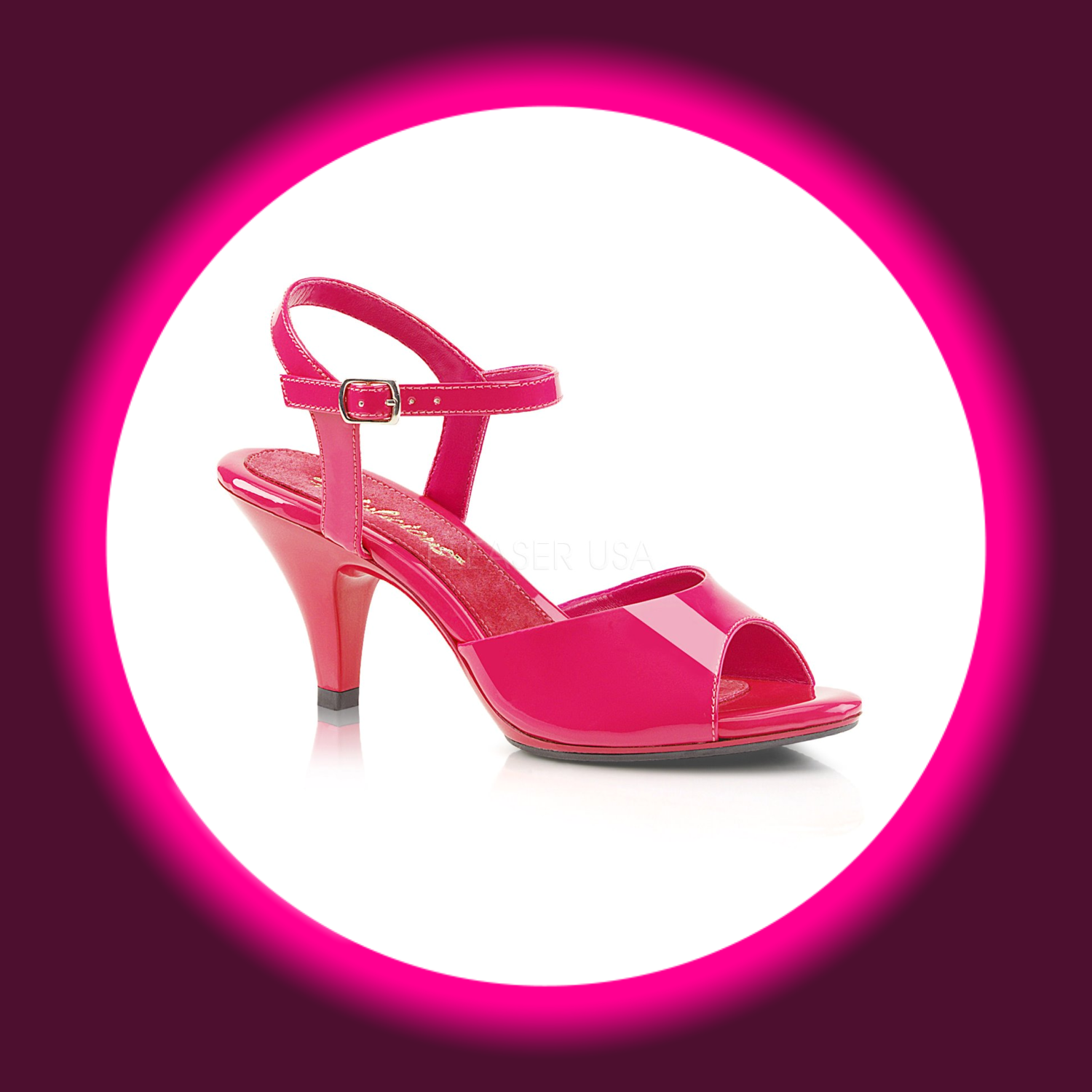 Winkelansicht pinke Sandale mit Fesselriemen und niedrigem Absatz, Fabulicious Belle 309 