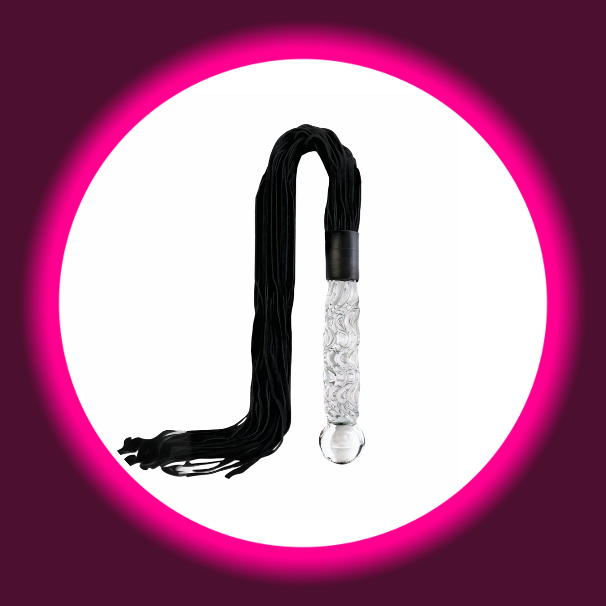 Pipedream Icicles Dildopeitsche mit transparentem, strukturiertem Glasgriff, kugelförmigem Ende und langen schwarzen Riemen, Gesamtansicht