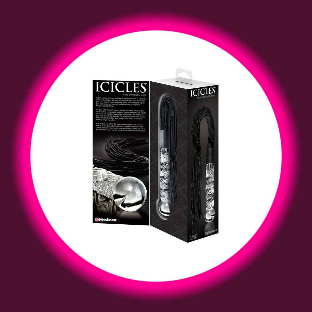 Pipedream Icicles Dildopeitsche in schwarzer Produktverpackung mit Abbildungen des strukturierten Glasgriffs mit kugelförmigem Ende und schwarzen Riemen