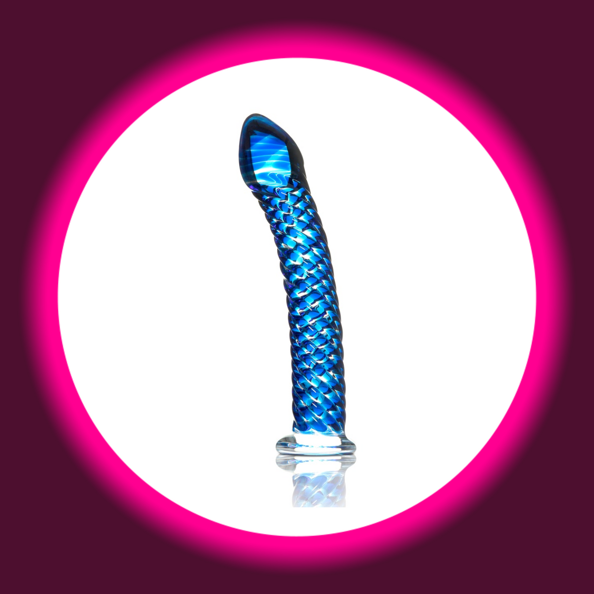 Pipedream Icicles No. 29 Glasdildo in Blau mit leicht gebogenem Schaft, spiralförmiger Oberflächenstruktur, geformter Spitze und rundem Standfuß, Gesamtansicht