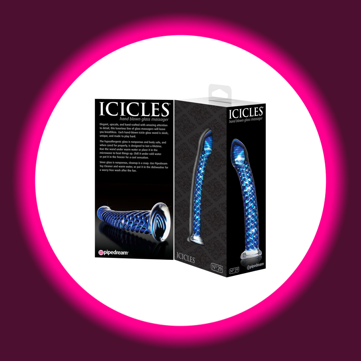 Pipedream Icicles No. 29 Glasdildo in schwarzer Produktverpackung mit Abbildungen des blauen Glasdildos mit strukturiertem Schaft und rundem Standfuß