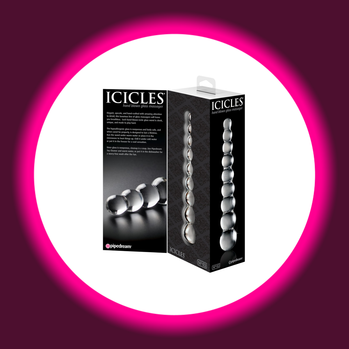 Pipedream Icicles No. 2 Glasdildo in schwarzer Produktverpackung mit Abbildungen des transparenten, kugelförmig strukturierten Glasstabs