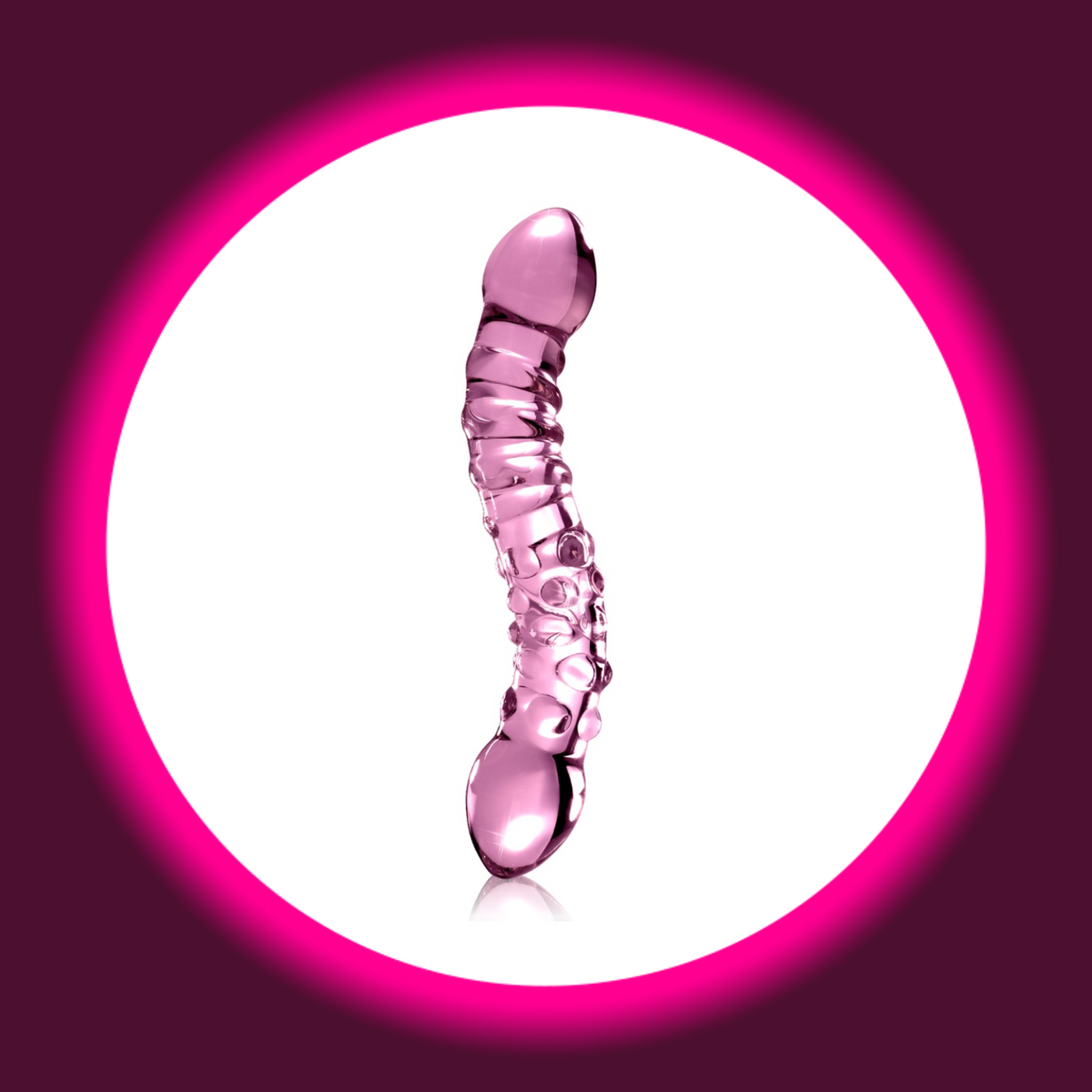 Pipedream Icicles No. 55 Glasdildo in transparentem Rosa mit geschwungenem Schaft, zwei abgerundeten Enden sowie Rippen und Noppen, Gesamtansicht