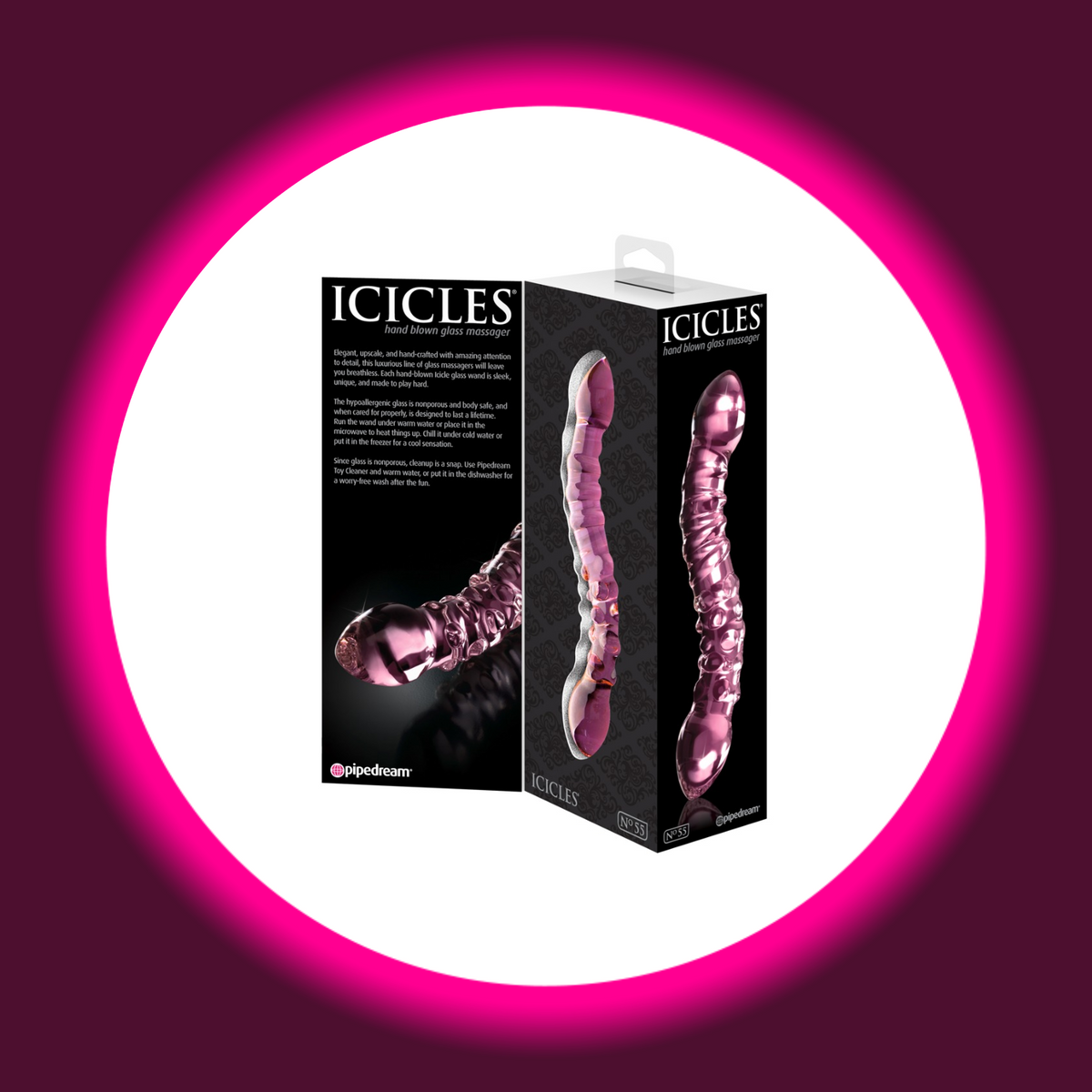 Pipedream Icicles No. 55 Glasdildo in schwarzer Produktverpackung mit Abbildungen des rosafarbenen Glasdildos mit zwei abgerundeten Enden, Rippen und Noppen