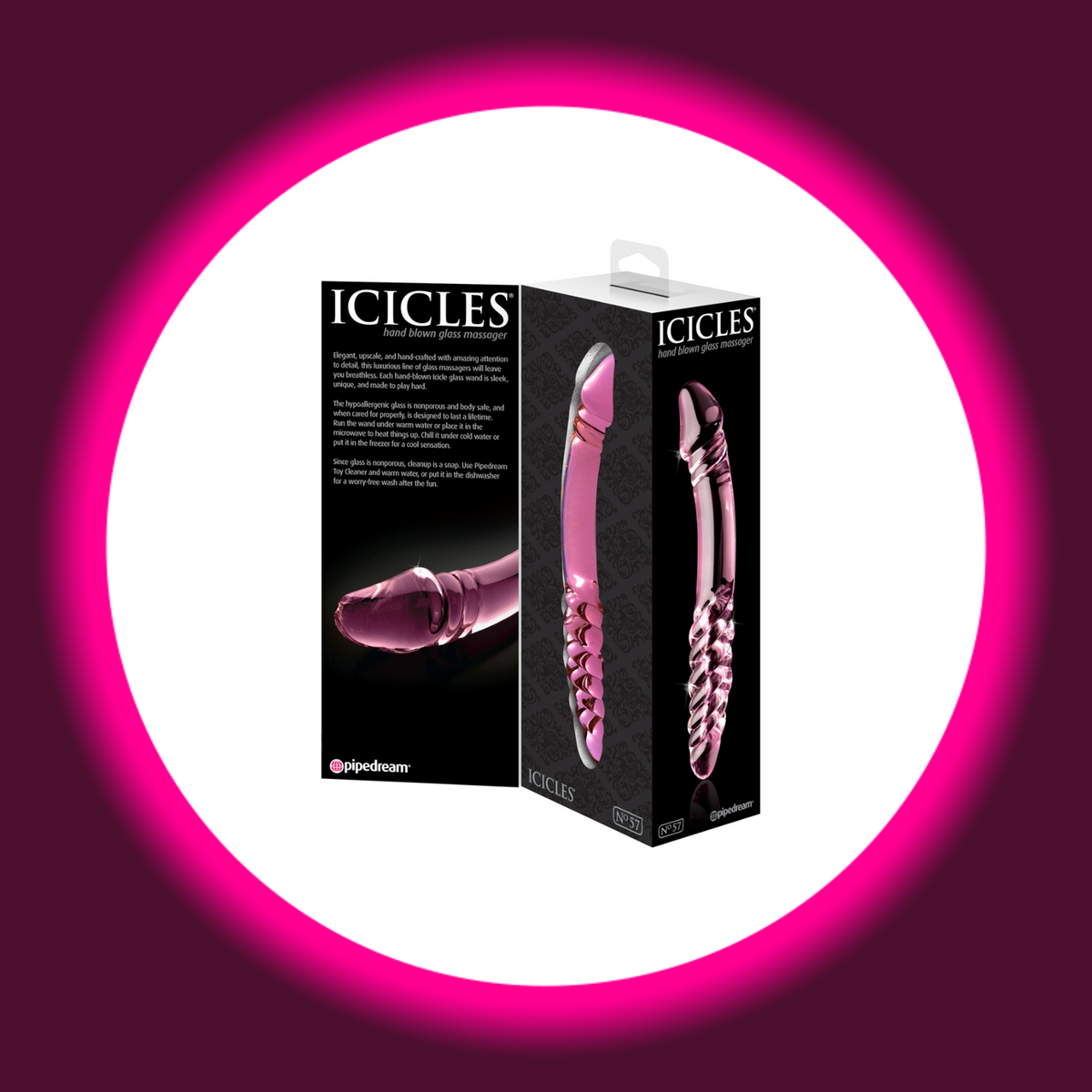 Pipedream Icicles No. 57 Glasdildo in schwarzer Produktverpackung mit Abbildungen des rosafarbenen Glasdildos und seines strukturierten Griffs