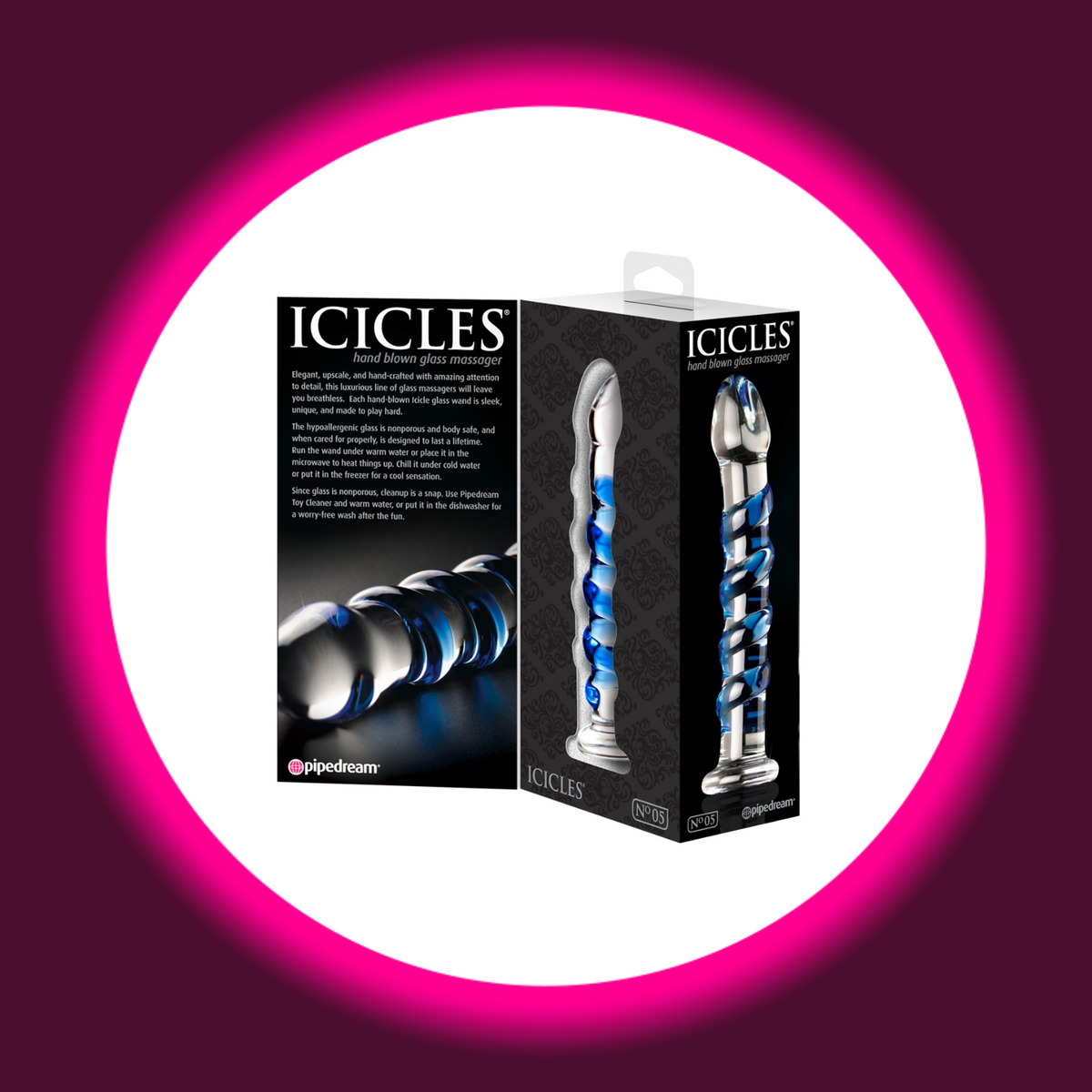 Pipedream Icicles No. 5 Glasdildo in schwarzer Produktverpackung mit Abbildungen des transparenten Glasdildos mit blauer Spirale und rundem Standfuß