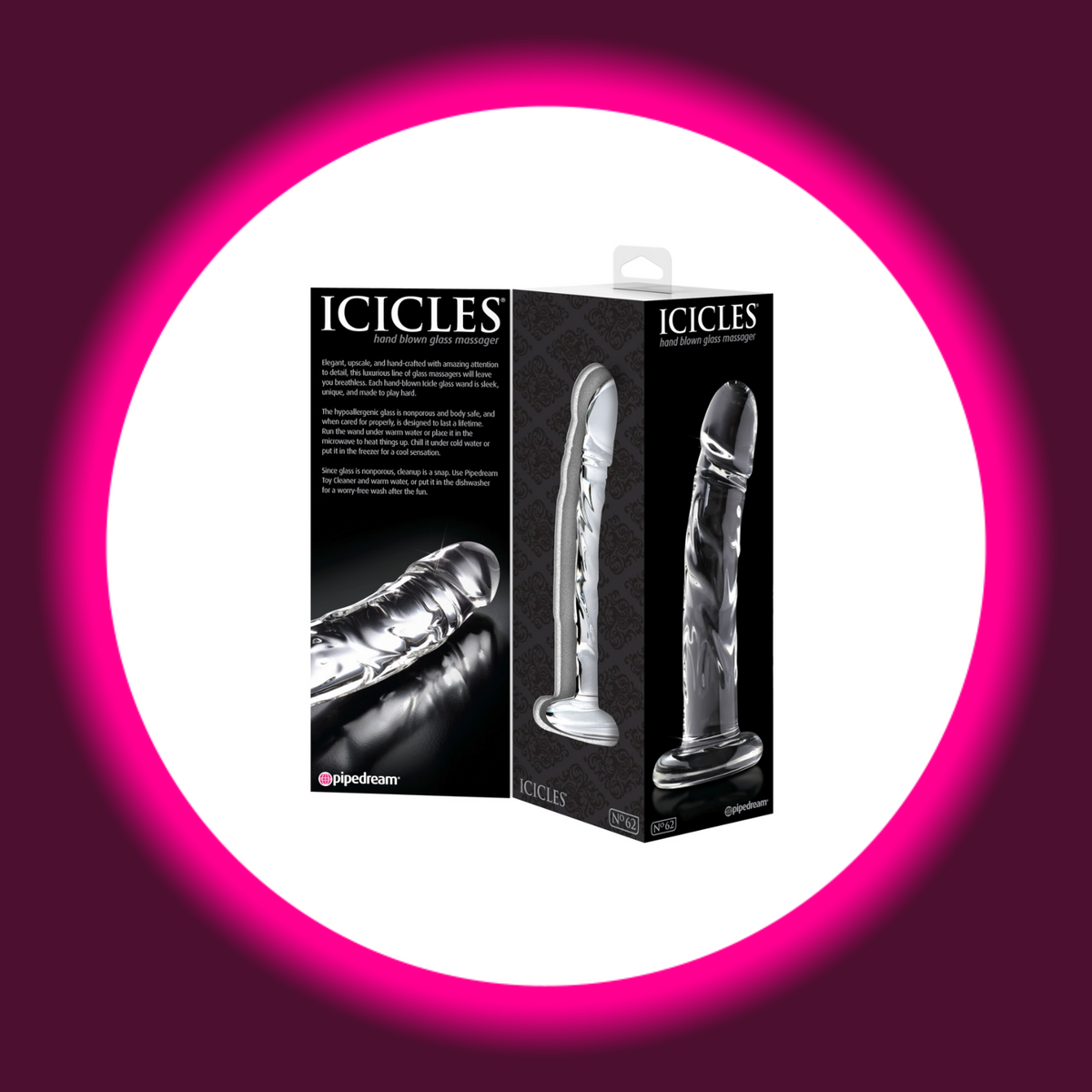 Pipedream Icicles No. 62 Glasdildo in schwarzer Produktverpackung mit Abbildungen des transparenten Glasdildos mit strukturiertem Schaft und rundem Standfuß