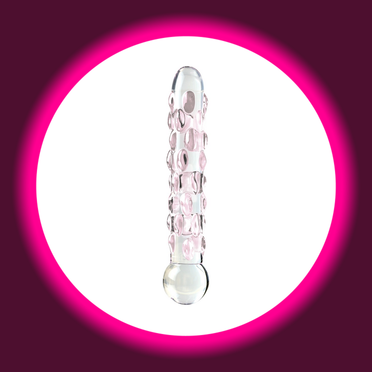 Pipedream Icicles No. 7 Glasdildo aus transparentem Glas mit rosafarbenen Noppen, abgerundeter Spitze und kugelförmigem Griff, Gesamtansicht