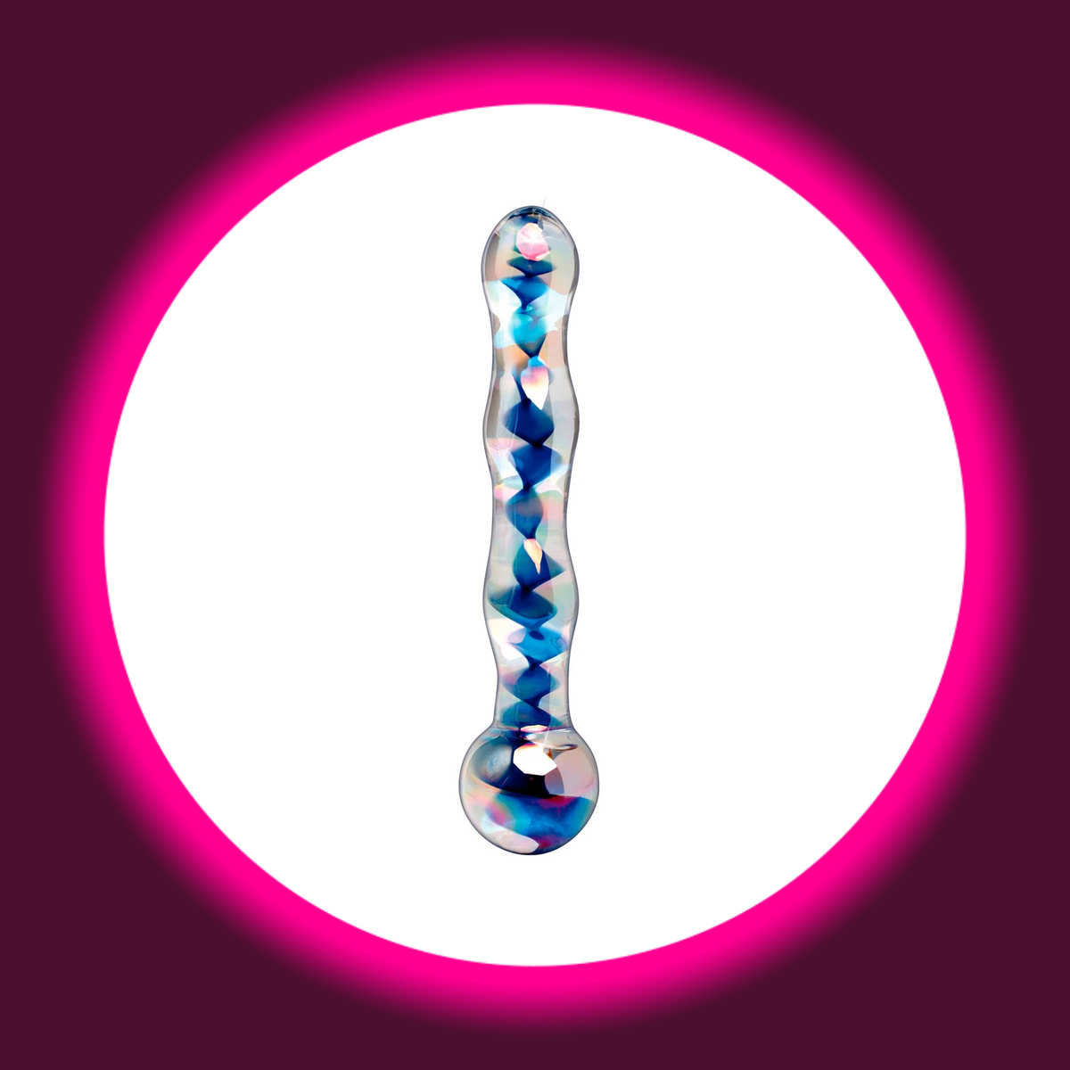 Pipedream Icicles No. 8 Glasdildo aus transparentem Glas mit blauer Spirale im Inneren, wellenförmigem Schaft und kugelförmigem Griff, Gesamtansicht