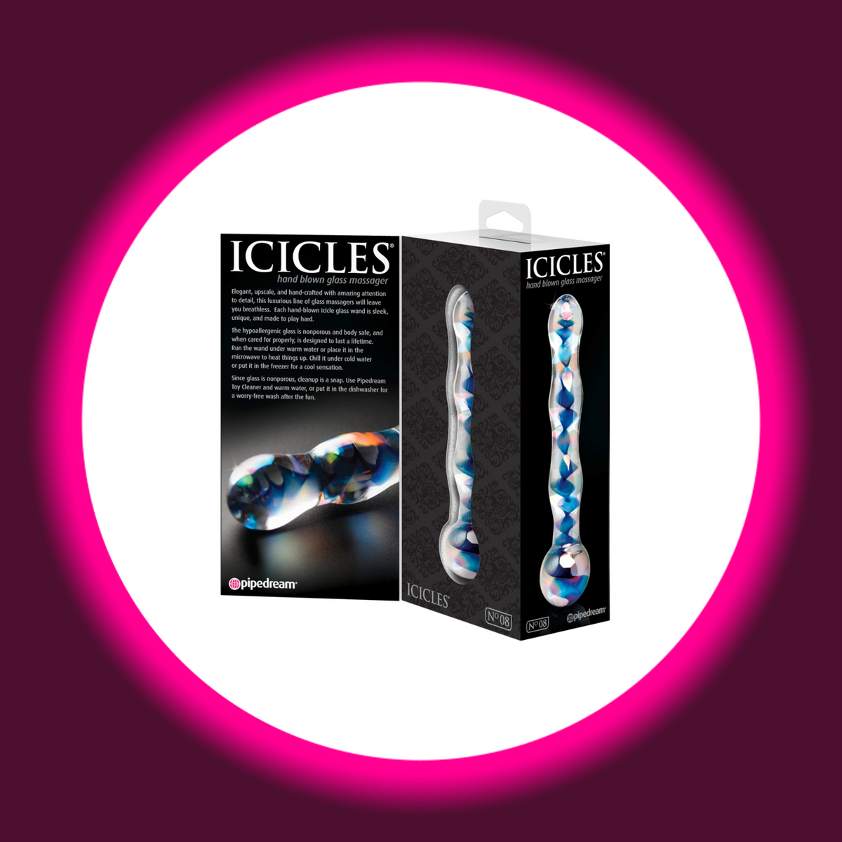 Pipedream Icicles No. 8 Glasdildo in schwarzer Produktverpackung mit Abbildungen des transparenten Glasdildos mit blauer Spirale und kugelförmigem Griff