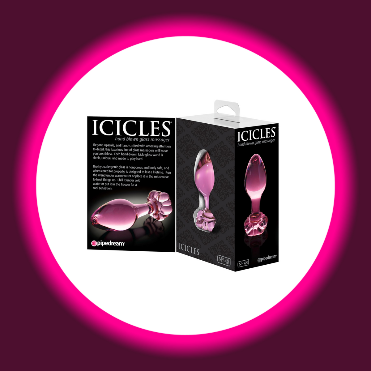 Pipedream Icicles No. 48 Glasplug in schwarzer Produktverpackung mit Abbildungen des rosafarbenen Plugs mit blütenförmiger Basis